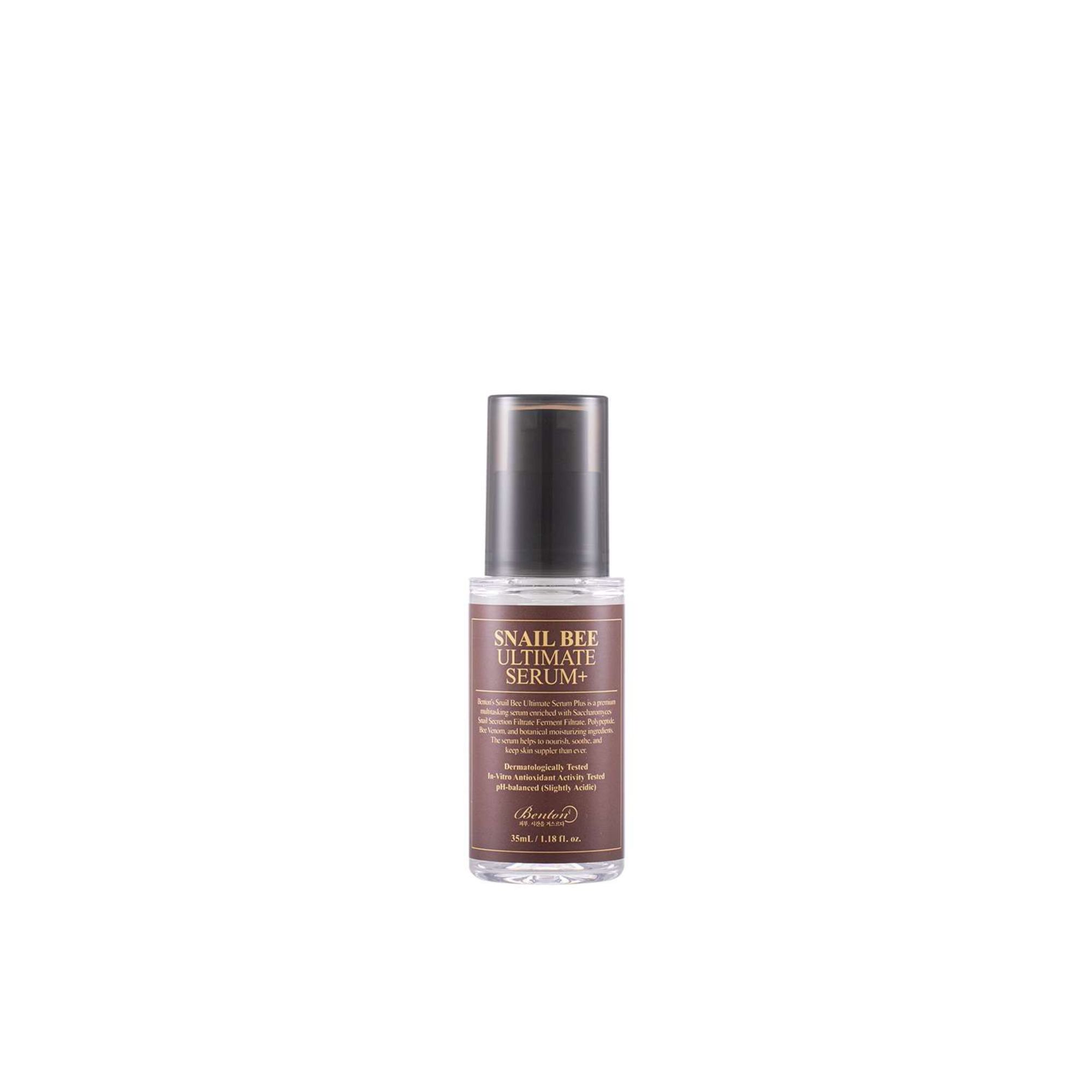 Benton Snail Bee Ultimate Serum Plus mit Pumpspender, abgebildet vor einem schlichten weißen Hintergrund.