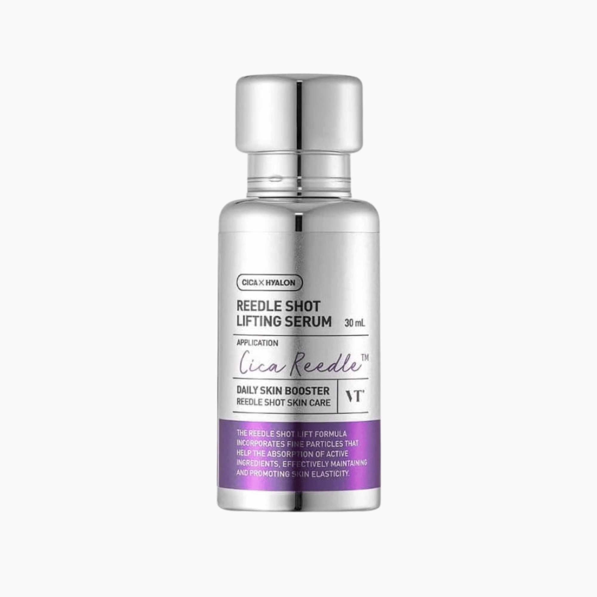 VT Cosmetics Reedle Shot Lifting Serum 30ml in silberner Flasche, freigestellt auf weißem Hintergrund – korean skincare