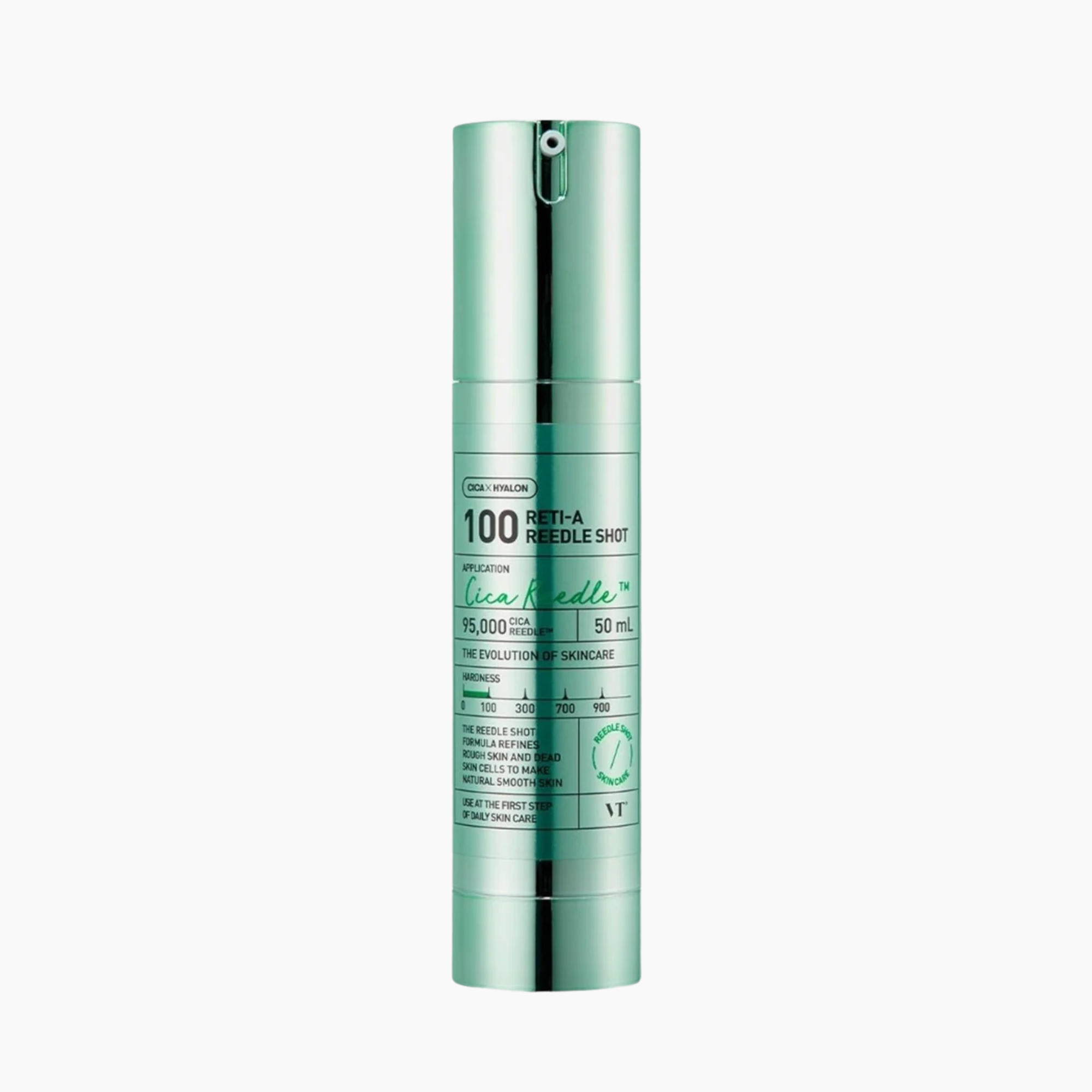 Eine metallisch-grüne zylindrische Flasche mit der Aufschrift "VT Cosmetics Reti-A Reedle Shot 100", 50 ml, mit schwarzem und weißem Text, der die Dosierung und Anwendung beschreibt.