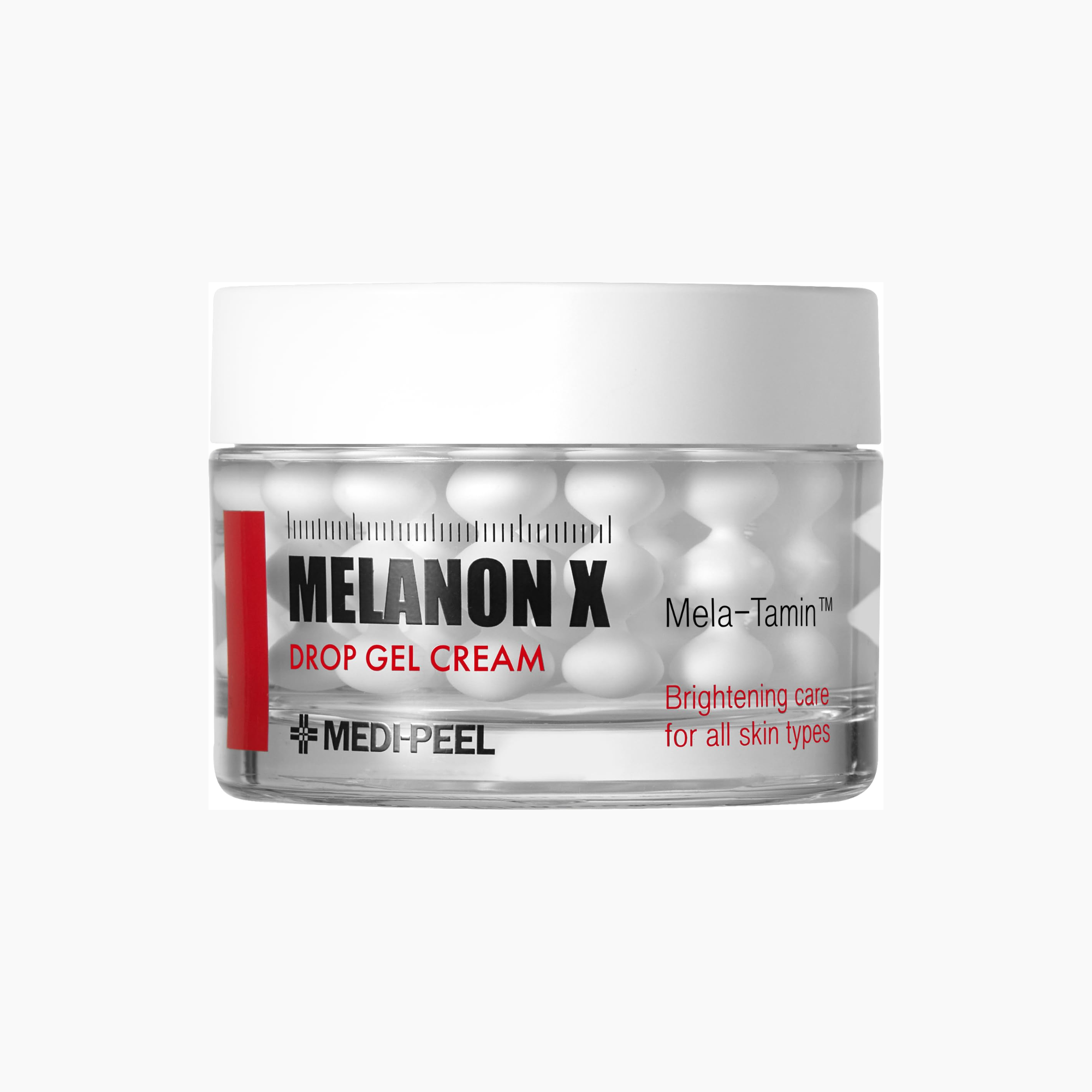 Der durchsichtige Tiegel mit der Aufschrift MEDI-PEEL Melanon X Drop Gel Creme 50g enthält weiße Gelkapseln und ist zur aufhellenden Pflege für alle Hauttypen geeignet.