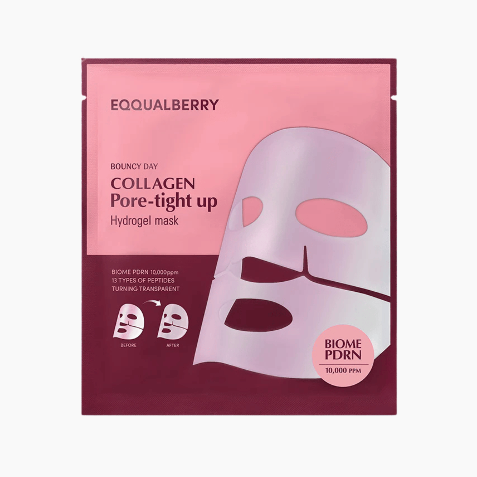 Die rosafarbene und burgunderfarbene Packung der EQQUALBERRY Collagen Pore-tight up Hydrogel Maske 30g zeigt auf der Vorderseite eine Abbildung der Gesichtsmaske und Produktdetails.