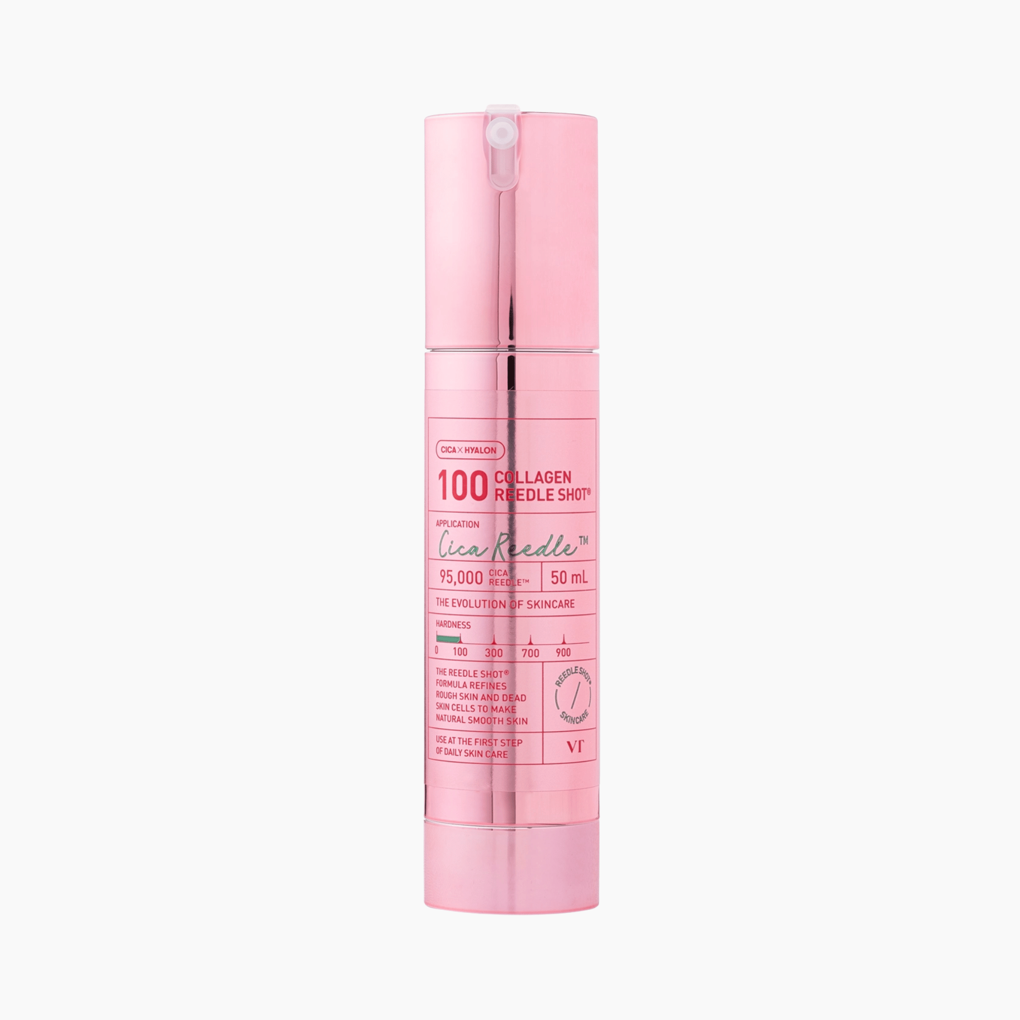 Eine rosafarbene Flasche mit der Aufschrift VT Cosmetics Collagen Reedle Shot 100, 50 ml, zeigt auf der Vorderseite Produktdetails und eine Liste der Inhaltsstoffe.