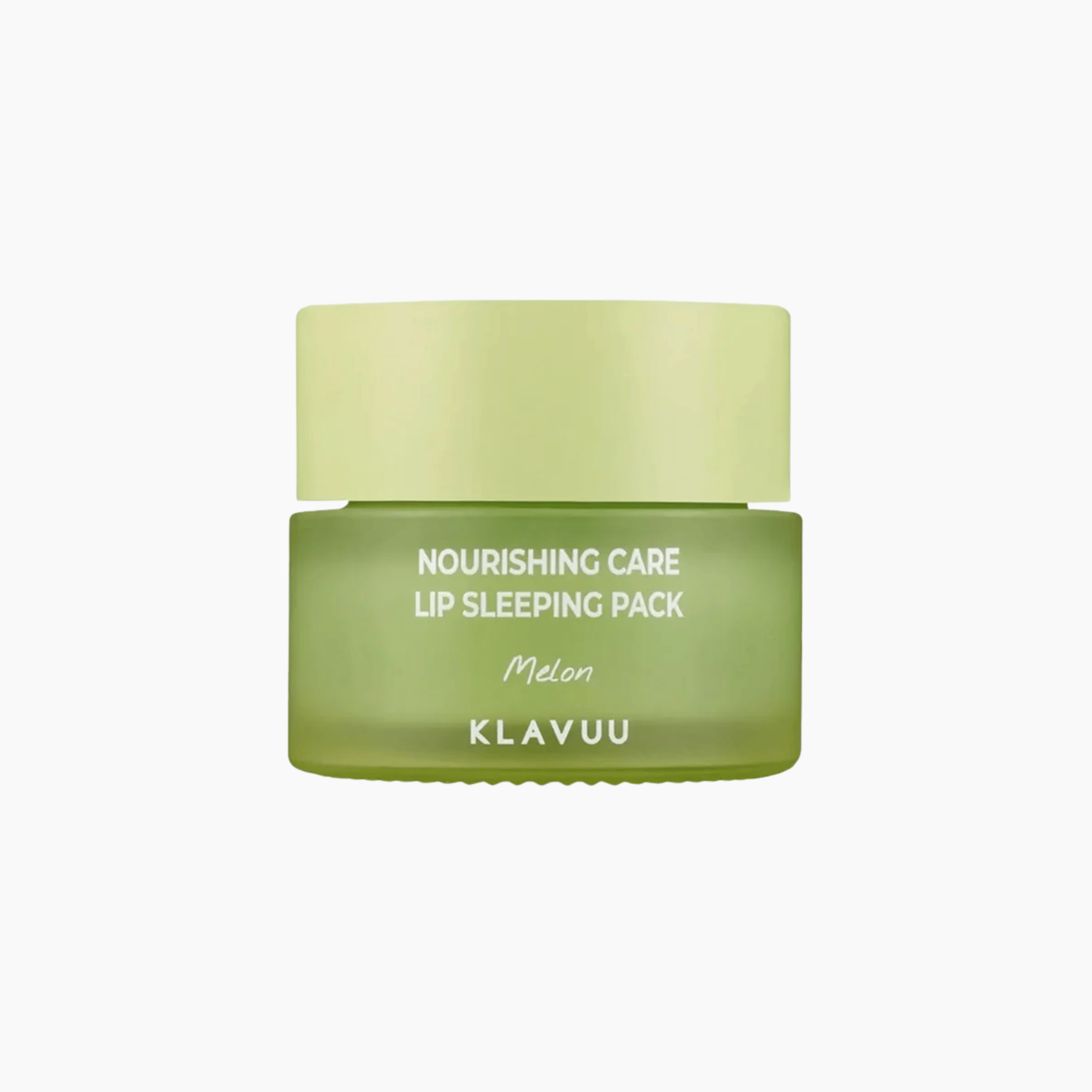 Das Klavuu Nourishing Care Lip Sleeping Pack Melon kommt in einem grünen Tiegel mit passendem hellgrünem Deckel und minimalem Design.