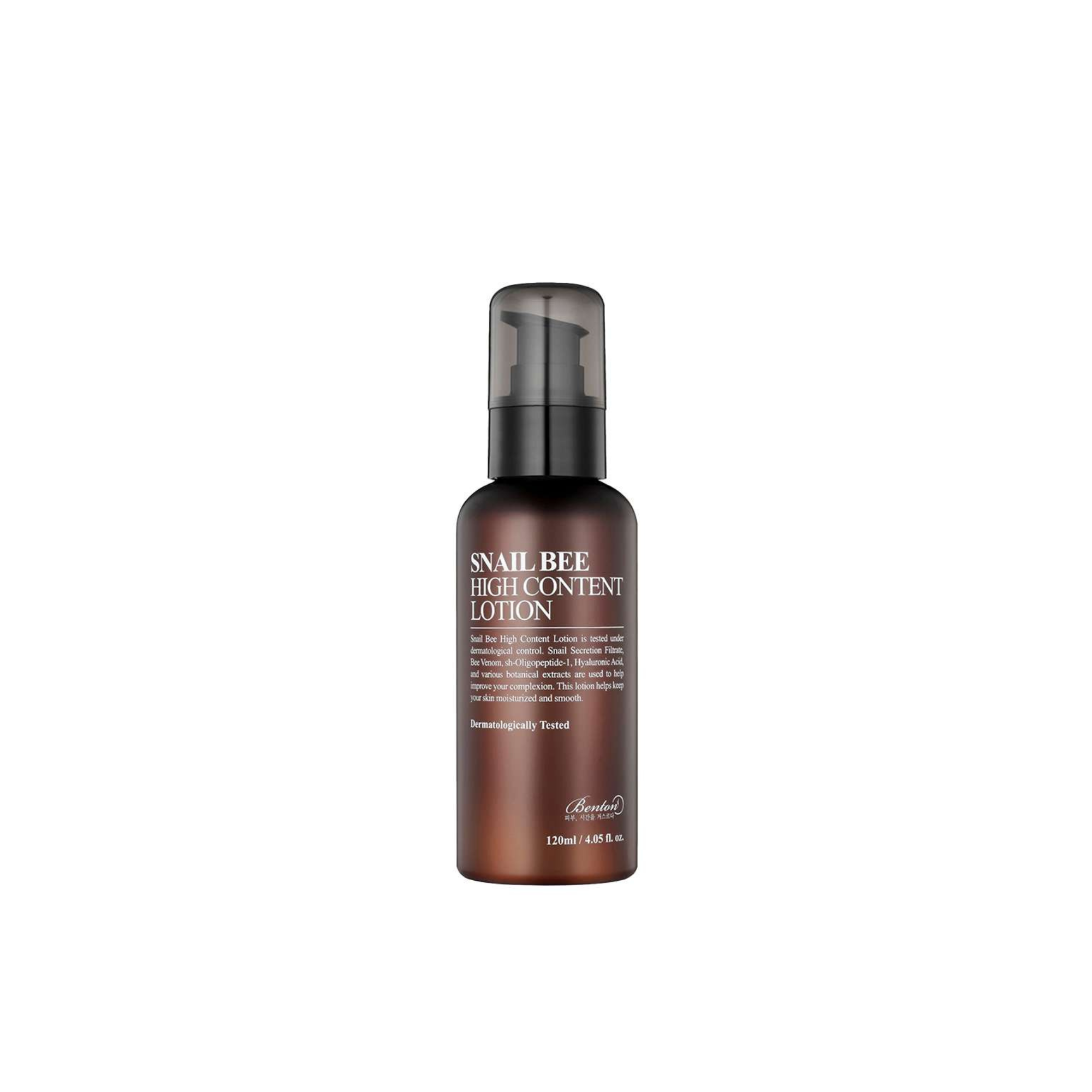 Benton Snail Bee High Content Lotion mit einem schwarzen Pumpspender ist vor einem schlichten weißen Hintergrund zu sehen.