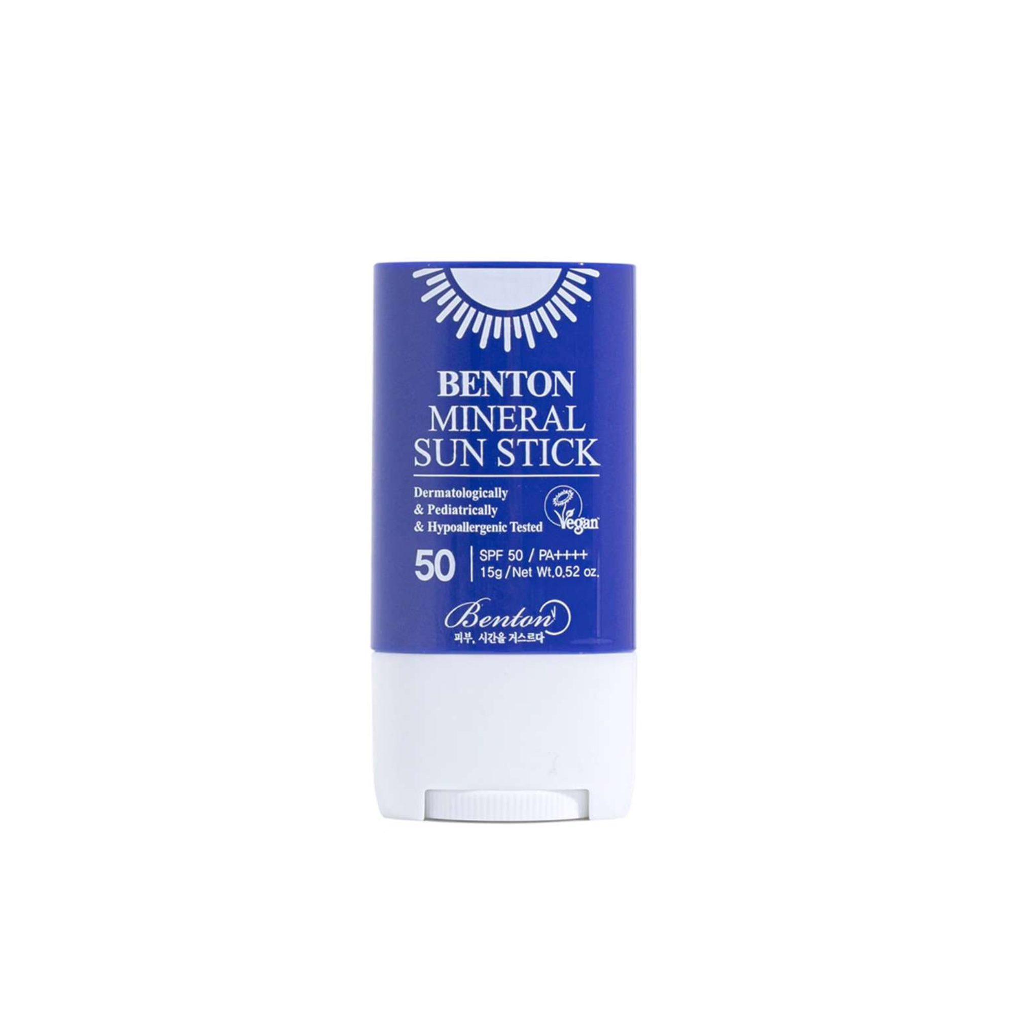 Mineral Sun Stick SPF 50 PA++++ mit weißem Text und Design, aufrecht stehend auf weißem Hintergrund.