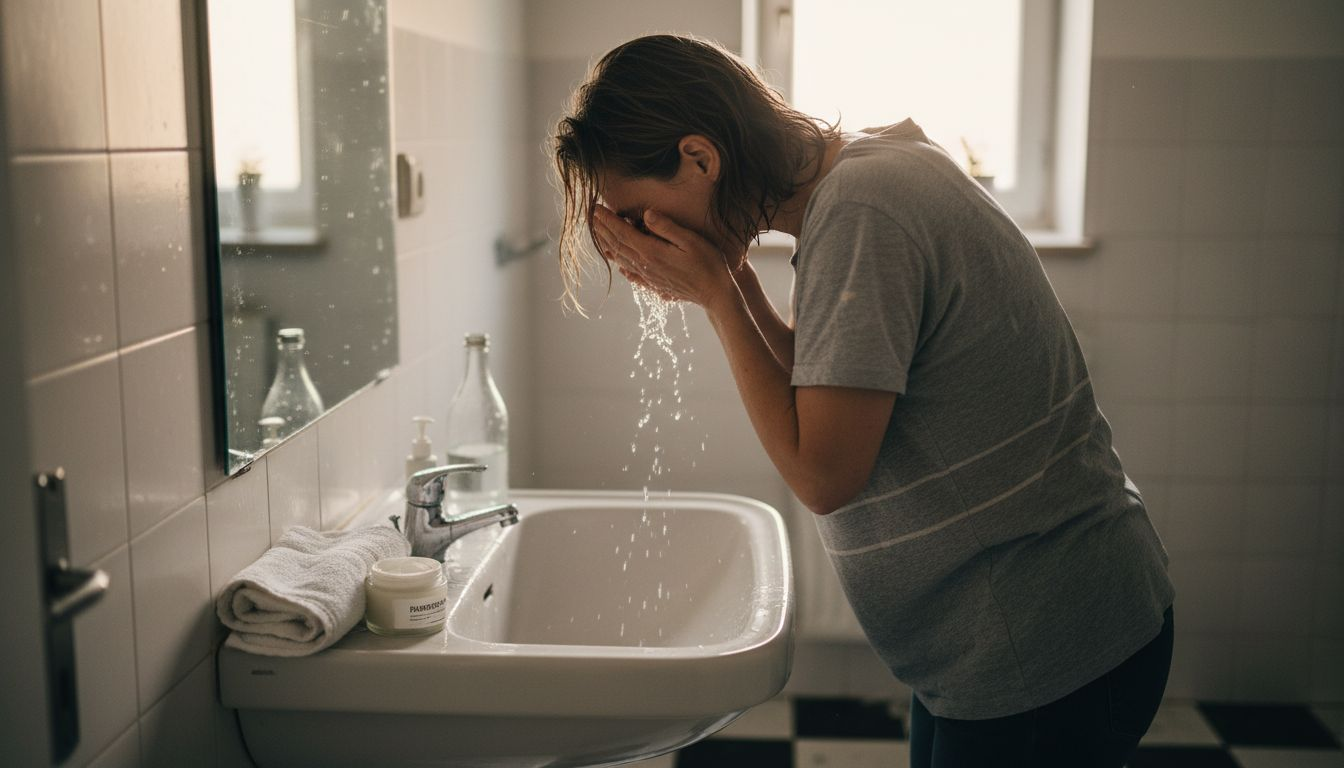 Eine Frau wäscht sich das Gesicht am Waschbecken.