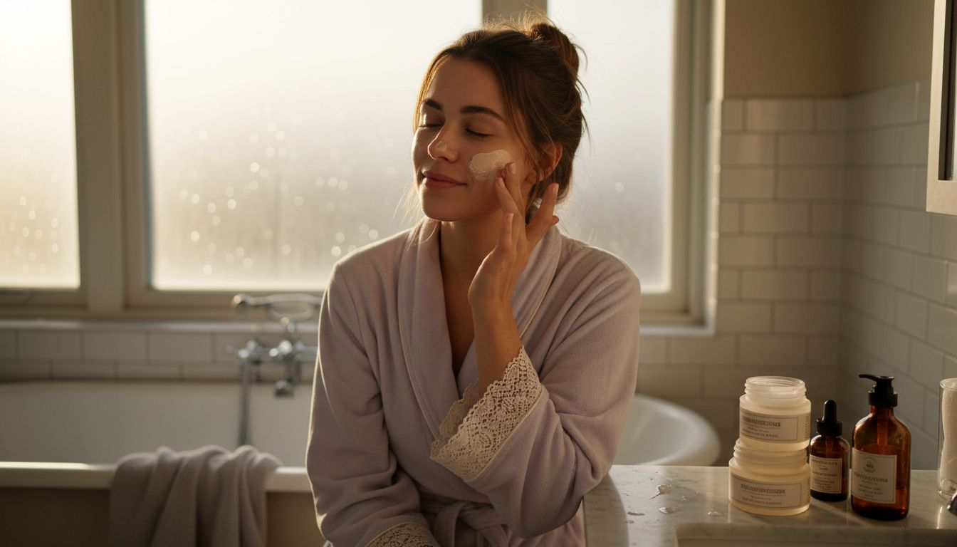 Eine Frau trägt im Badezimmer eine Gesichtsmaske auf.