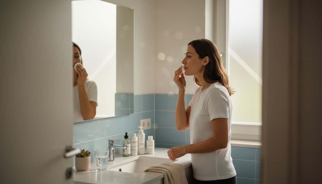 Im Badezimmer pflegt eine Frau ihre Haut mit einem K-Beauty-Toner.