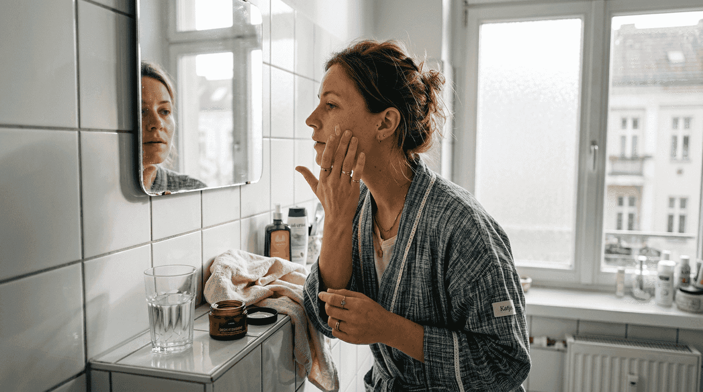 Eine Frau trägt in ihrem Alltag im Bad ein Pflege-Serum auf.