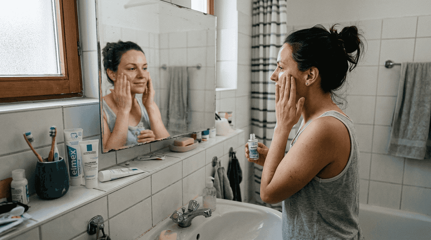 Eine Frau trägt ihr Serum im kleinen Badezimmer auf.