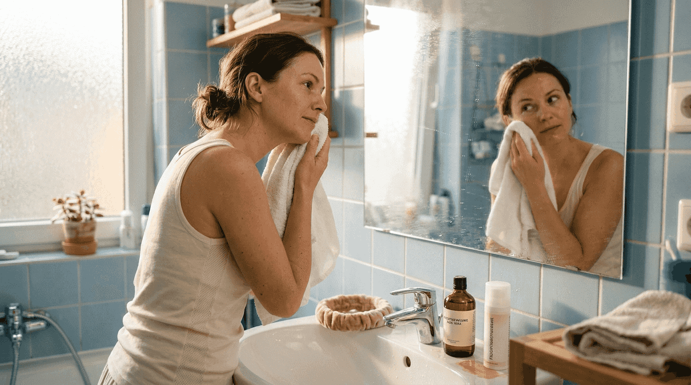 Eine Frau widmet sich im Badezimmer ihrer koreanischen Hautpflegeroutine.