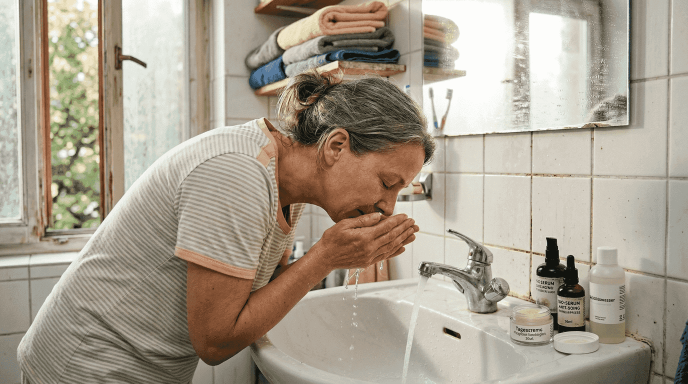 Eine Frau trägt morgens ihre Hautpflege auf.