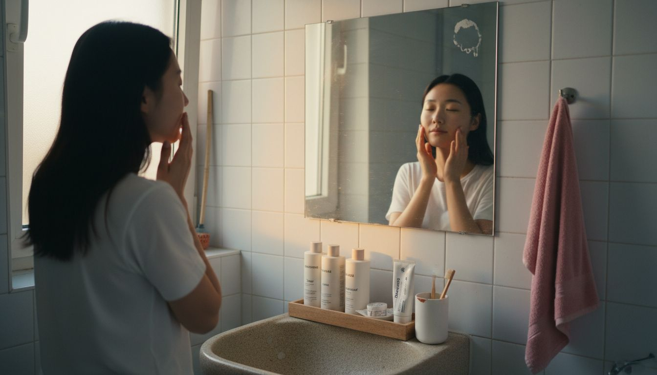 In einem hellen Badezimmer widmet sich eine Frau ihrer koreanischen Pflegeroutine.