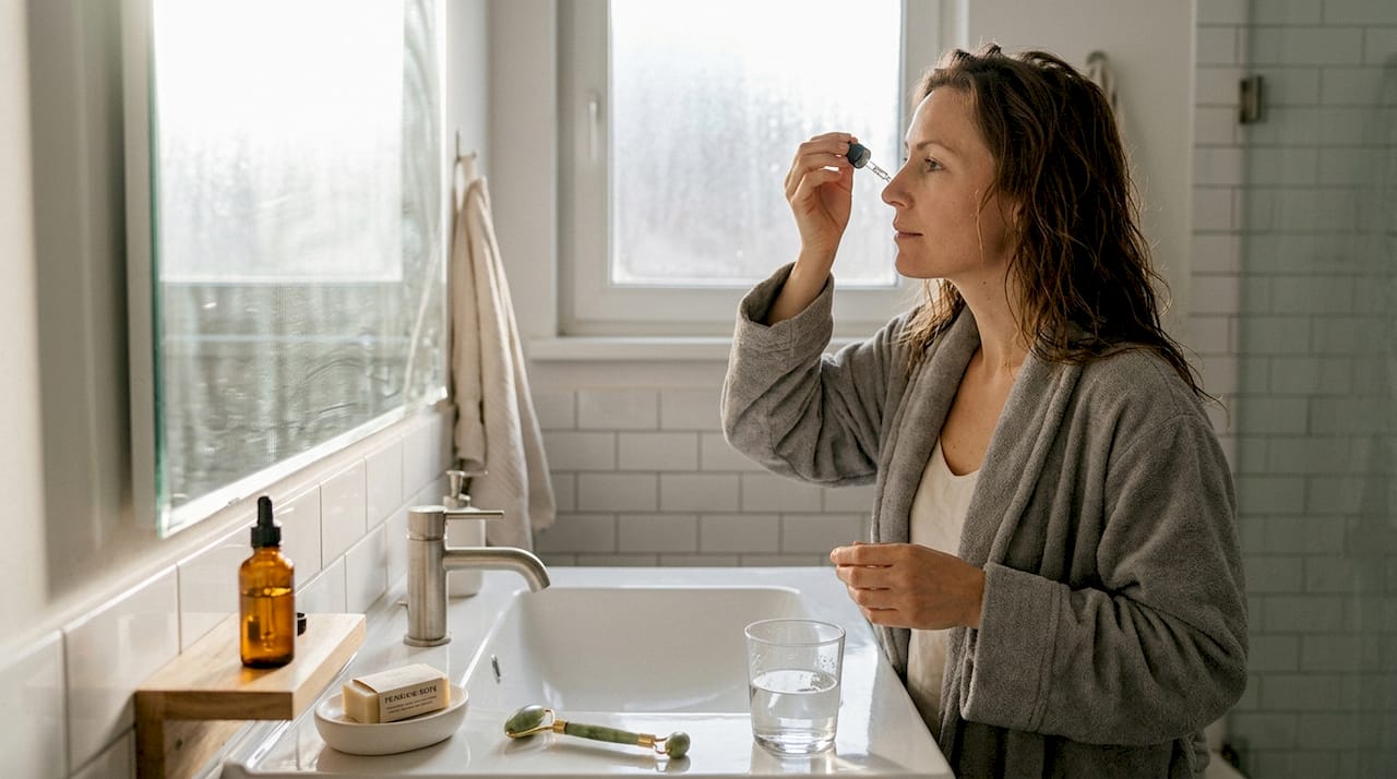 Eine Frau trägt im Badezimmer ein pflegendes Gesichtsserum auf.