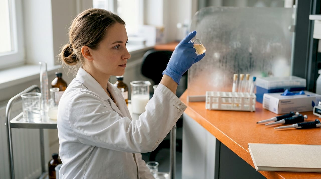 Im Kosmetiklabor untersucht eine Forscherin, wie sich fermentierte Inhaltsstoffe auf die Produktqualität auswirken.