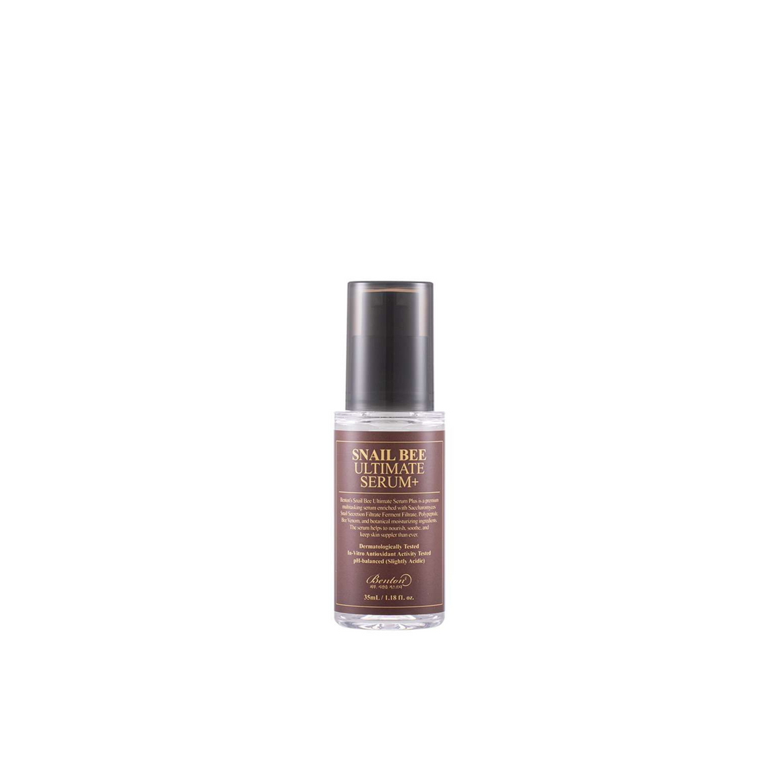 Benton Snail Bee Ultimate Serum Plus mit Pumpspender, abgebildet vor einem schlichten weißen Hintergrund.