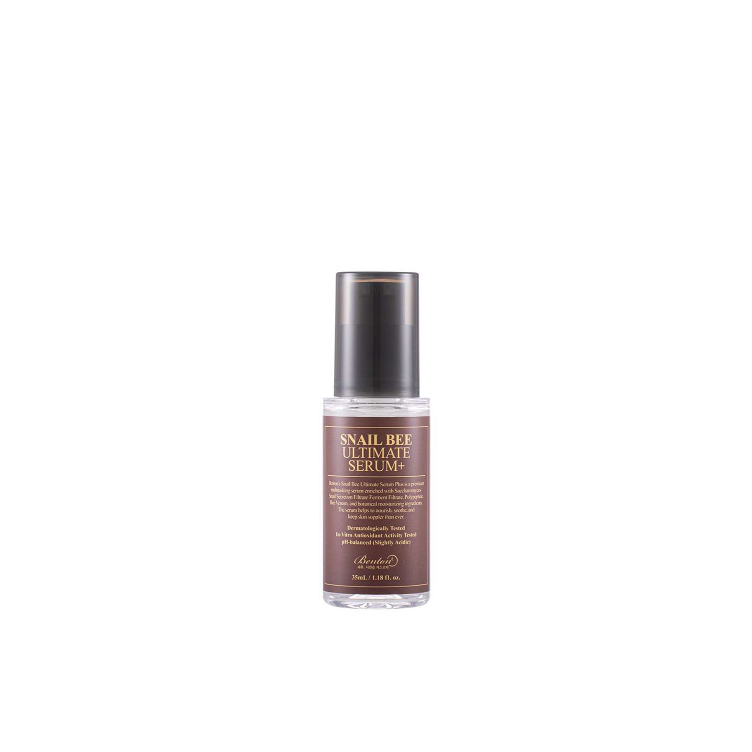 Benton Snail Bee Ultimate Serum Plus mit Pumpspender, abgebildet vor einem schlichten weißen Hintergrund.