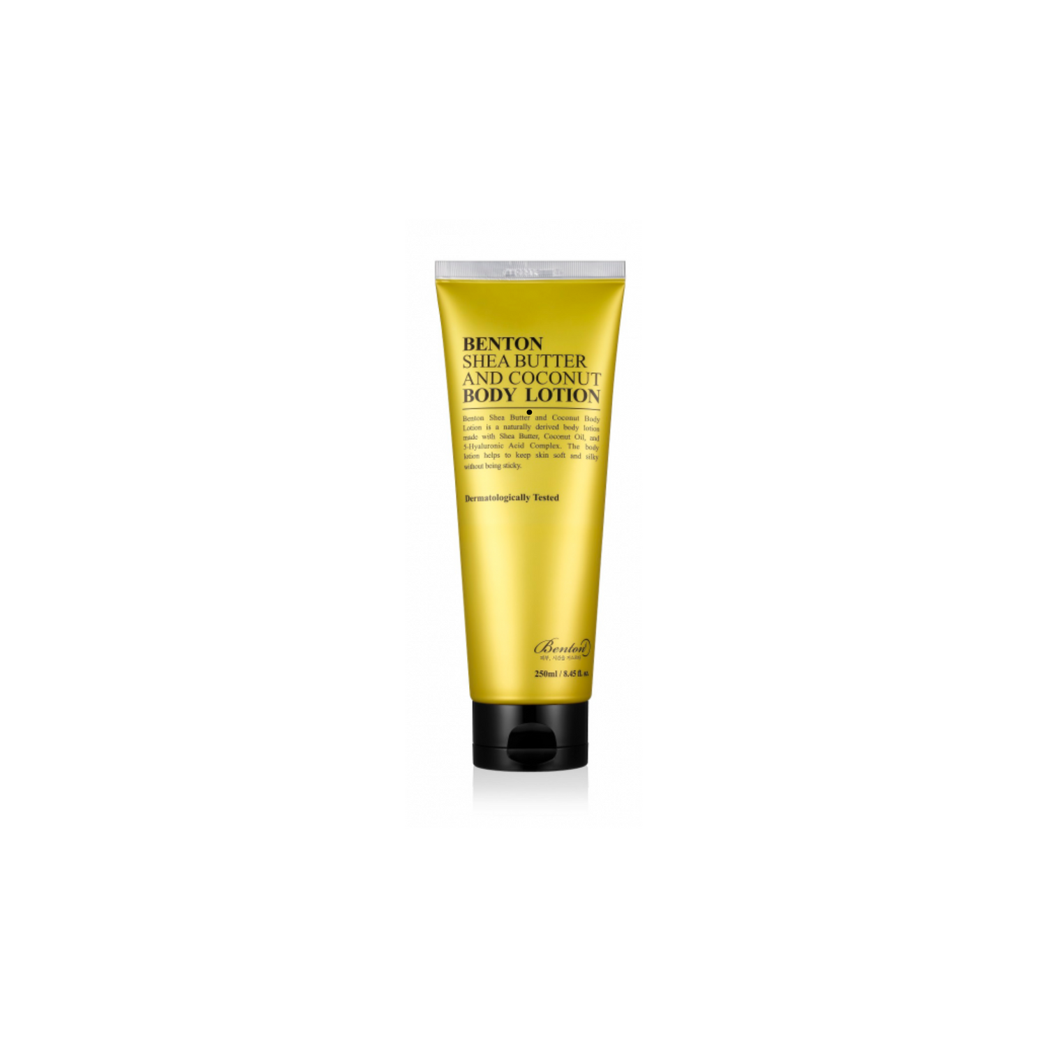 Benton Shea Butter and Coconut Body Lotion eine gelbe Tube mit schwarzem Deckel steht aufrecht vor einem weißen Hintergrund.