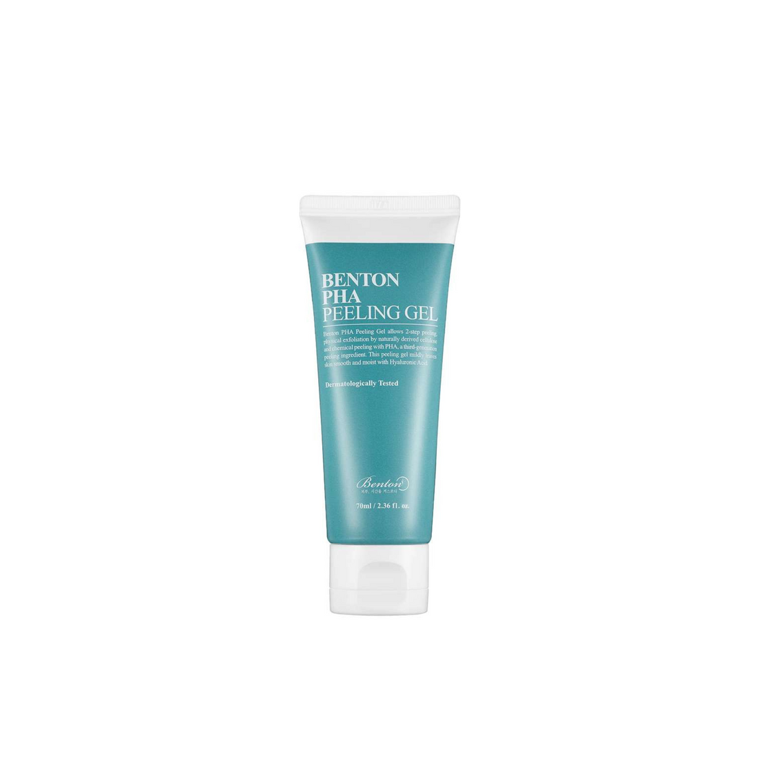 Eine Tube Benton PHA Peeling Gel mit blaugrünem Etikett, weißem Deckel und Produktdetails auf der Vorderseite.