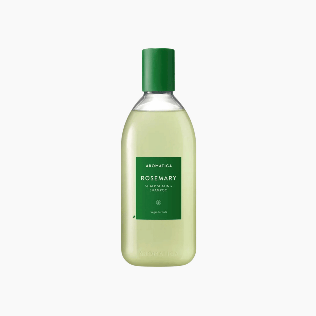 Eine 400-ml-Flasche Aromatica Rosemary Scalp Scaling Shampoo mit grünem Deckel und Etikett auf weißem Hintergrund.