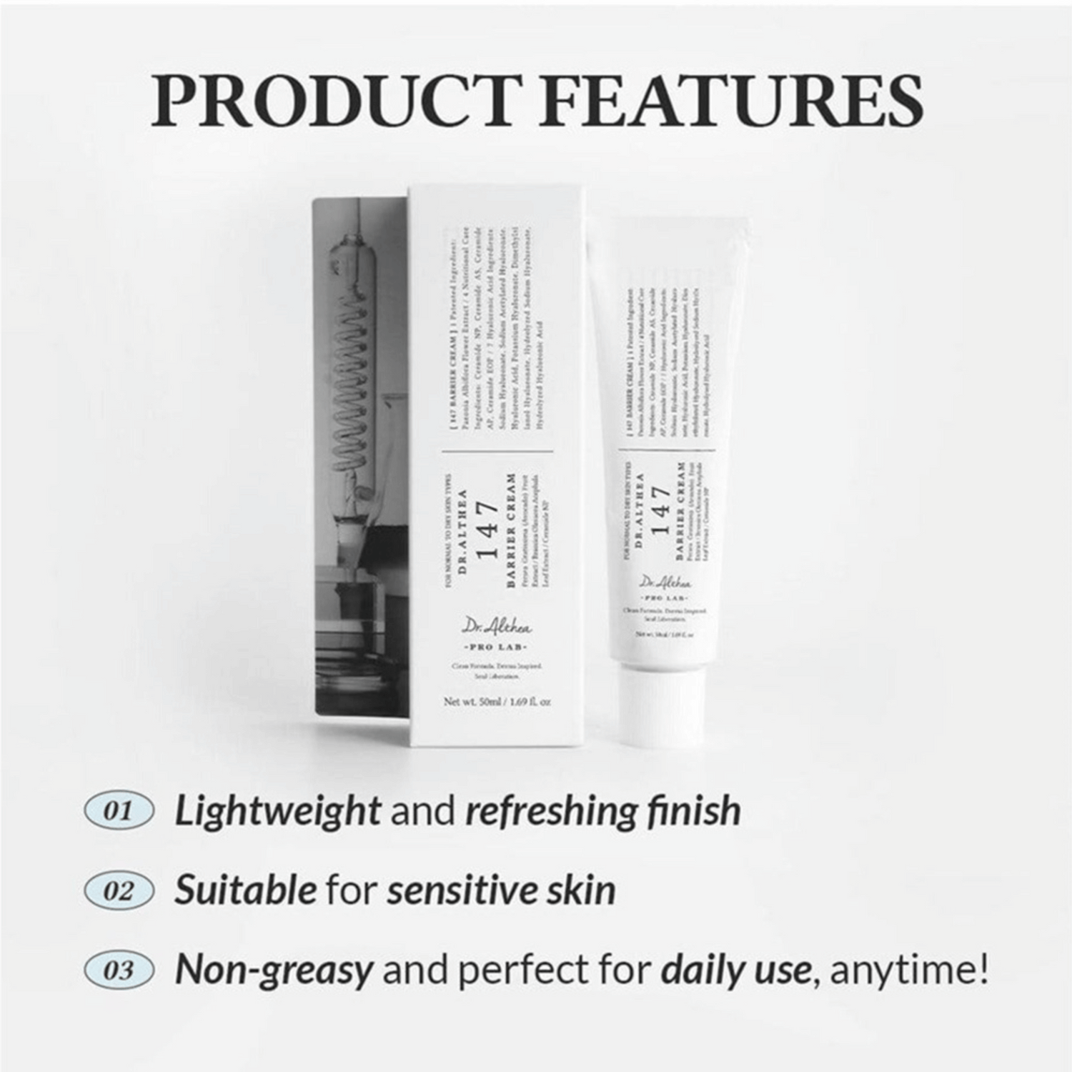 Tube und Schachtel mit Hautpflegeprodukt von Dr. Althea mit Text über das leichte, nicht fettende Gefühl, ideal für empfindliche Haut.