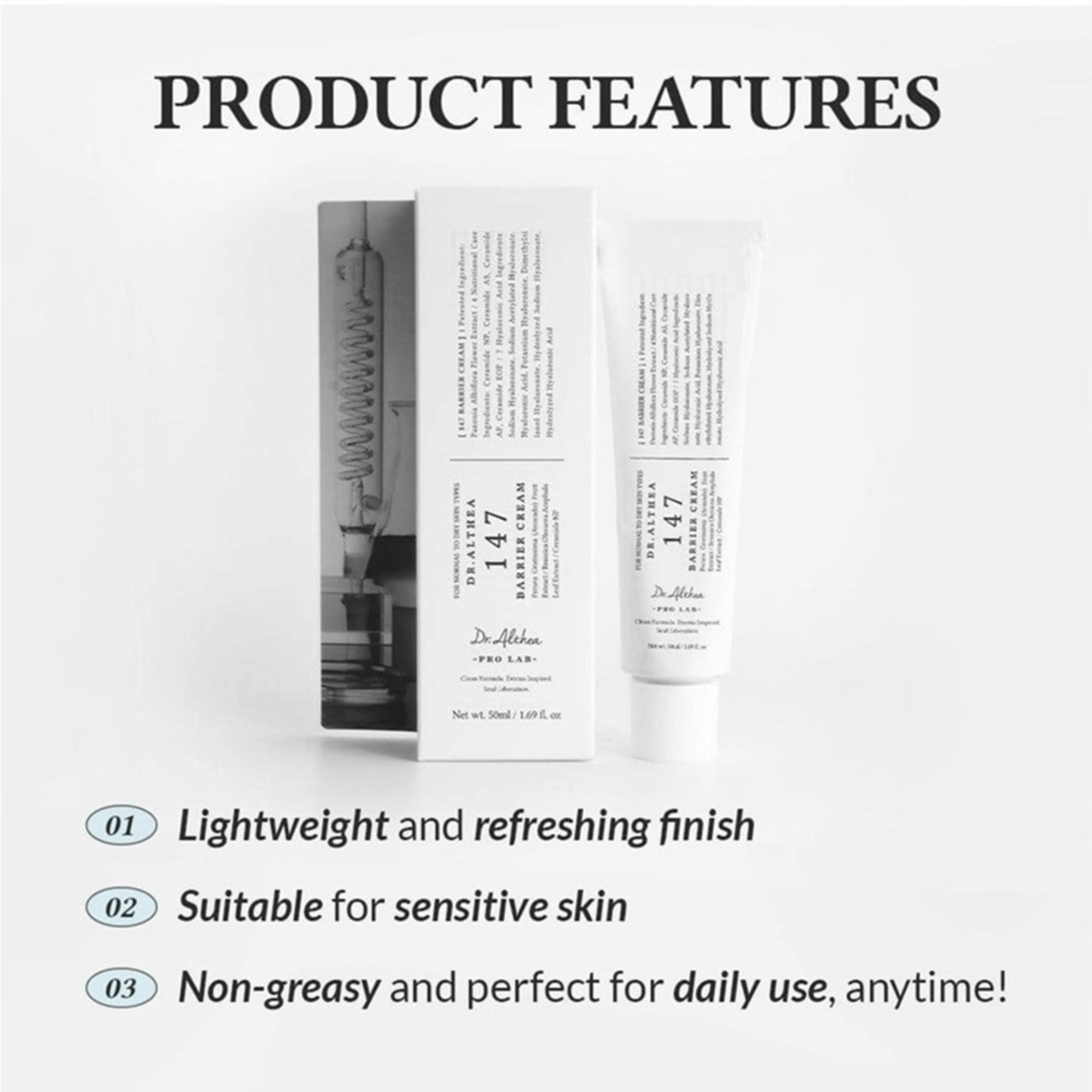 Tube und Schachtel mit Hautpflegeprodukt von Dr. Althea mit Text über das leichte, nicht fettende Gefühl, ideal für empfindliche Haut.