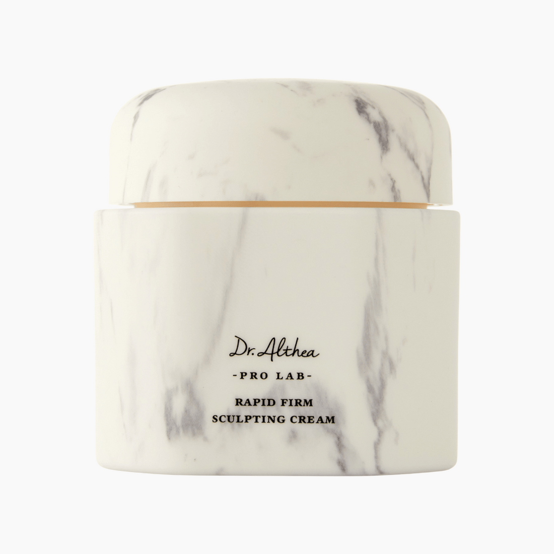 Vor einem weißen Hintergrund ist der Tiegel mit Marmormuster der Dr. Althea Rapid Firm Sculpting Cream zu sehen.
