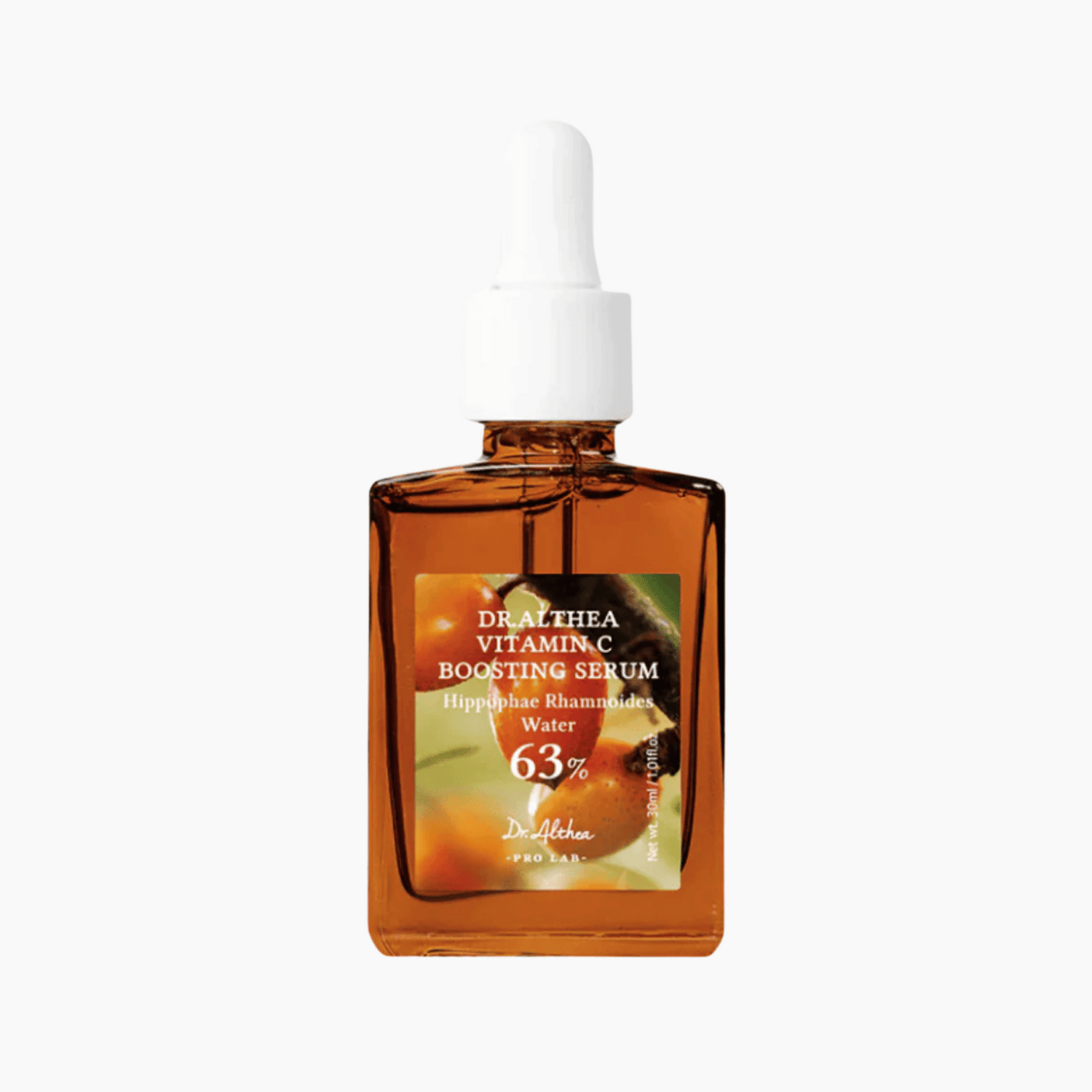 Bernsteinfarbene Flasche des Dr. Althea Vitamin C Boosting Serum vor weißem Hintergrund.
