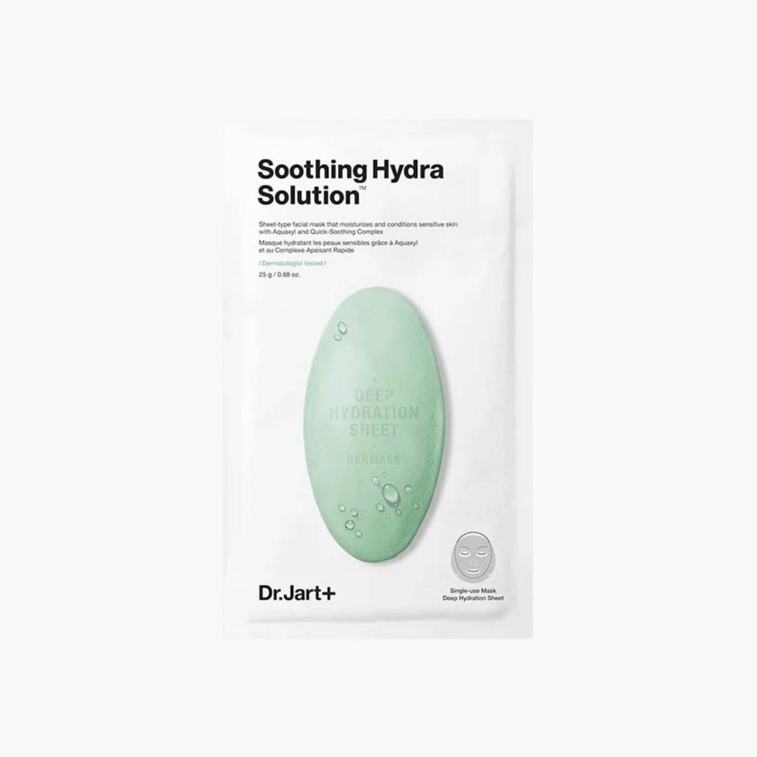 Ein weißer Beutel mit der Aufschrift Hydra Solution Masks zeigt ein grünes Oval und beschreibt eine tiefenwirksame Feuchtigkeitstuchmaske.