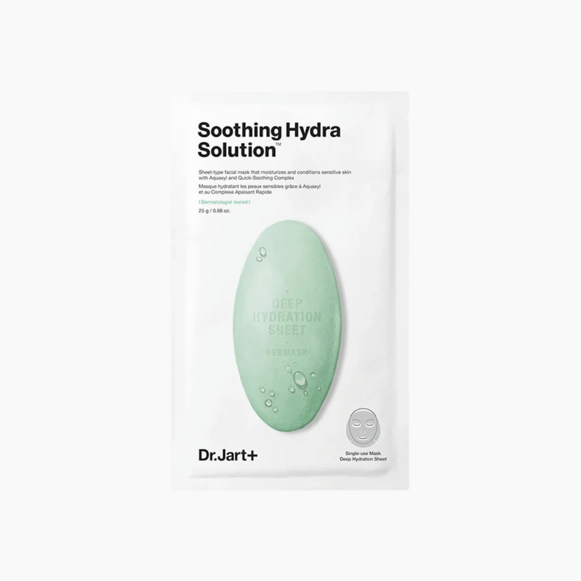 Ein weißer Beutel mit der Aufschrift Hydra Solution Masks zeigt ein grünes Oval und beschreibt eine tiefenwirksame Feuchtigkeitstuchmaske.