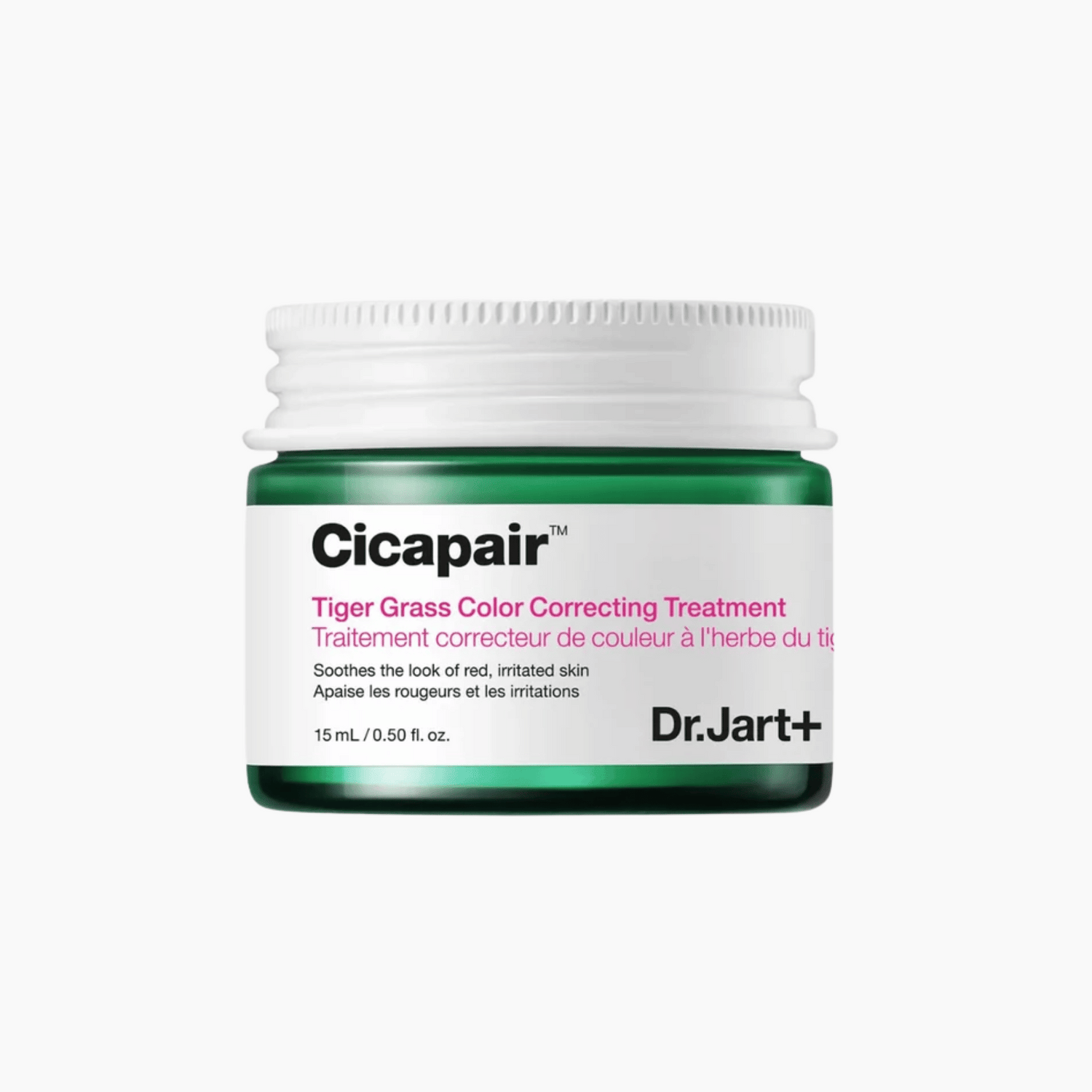 Dr. Jart+ Cicapair Tiger Grass Color Correcting Treatment -Tiegel mit weißem Deckel und Produktdetails auf dem Etikett.