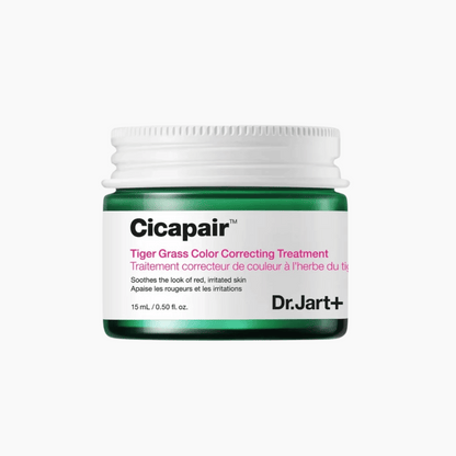 Dr. Jart+ Cicapair Tiger Grass Color Correcting Treatment -Tiegel mit weißem Deckel und Produktdetails auf dem Etikett.