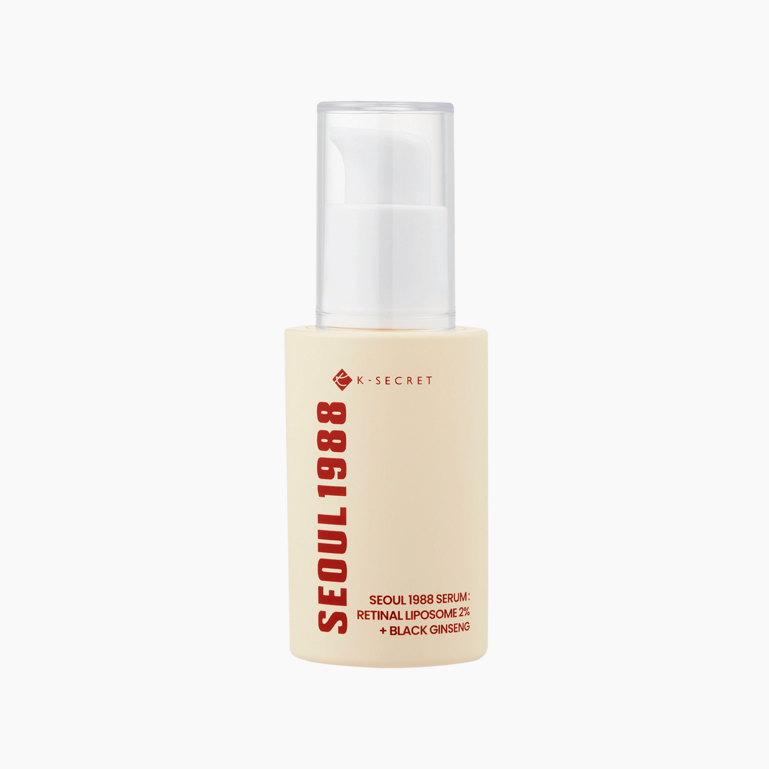 K-Secret SEOUL 1988 Serum Retinal Liposome 2% + Schwarzer Ginseng 30ml in einer beigen Flasche mit weißer Pumpe und rotem Text, dargestellt auf einem schlichten weißen Hintergrund.