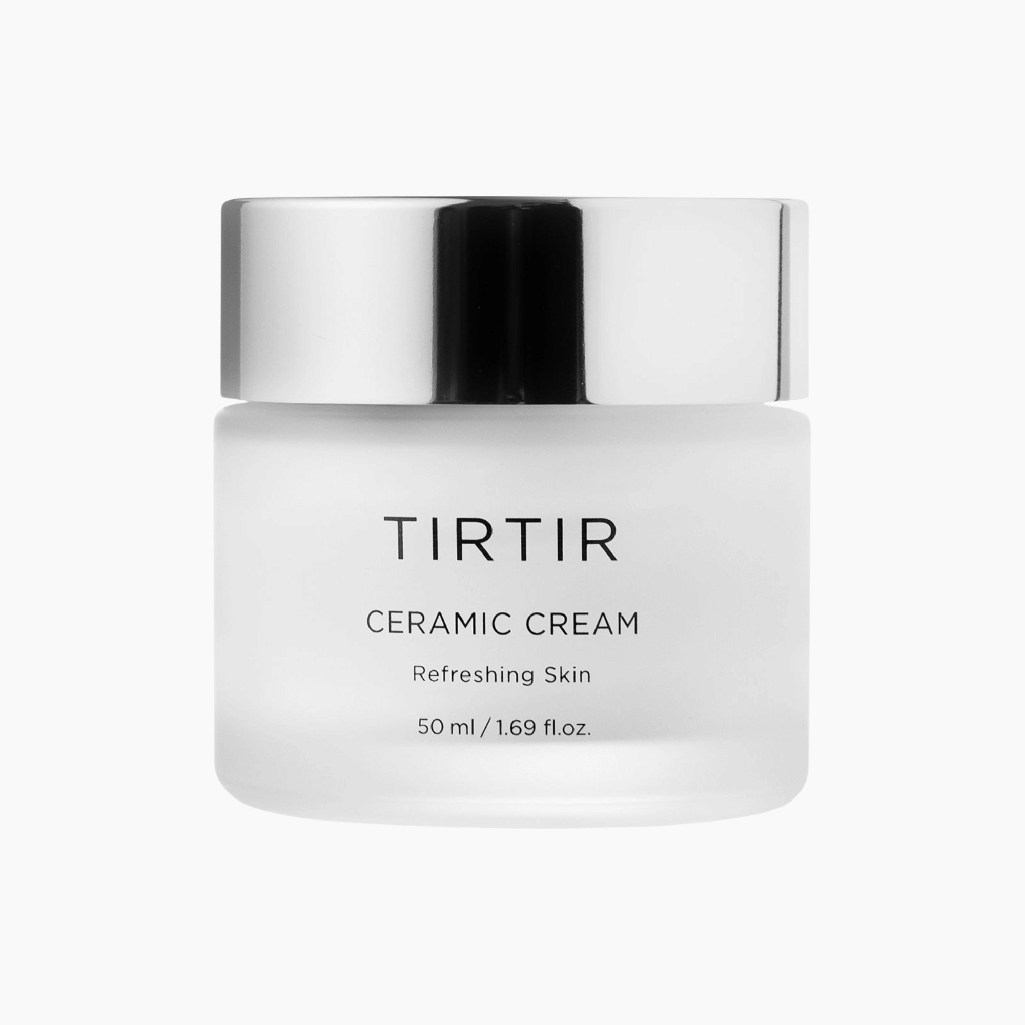 Minimalistisches Design der TIRTIR Ceramic Cream 50ml mit silbernem Deckel  feuchtigkeitsspendende Gesichtspflege