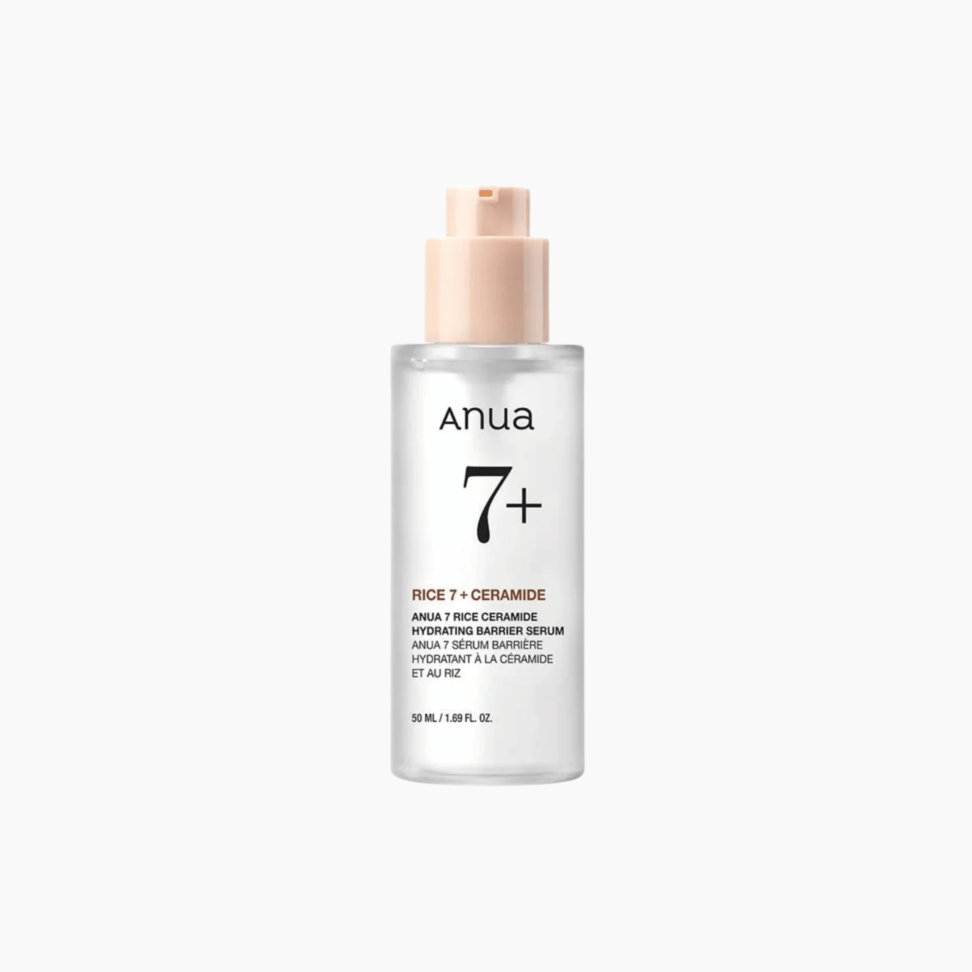 Anua 7 Rice Ceramide Hydrating Barrier Serum 50ml mit Pumpspender vor weißem Hintergrund, ideal für empfindliche Haut