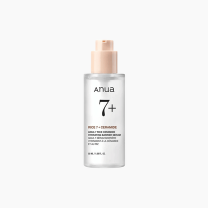 Anua 7 Rice Ceramide Hydrating Barrier Serum 50ml mit Pumpspender vor weißem Hintergrund, ideal für empfindliche Haut