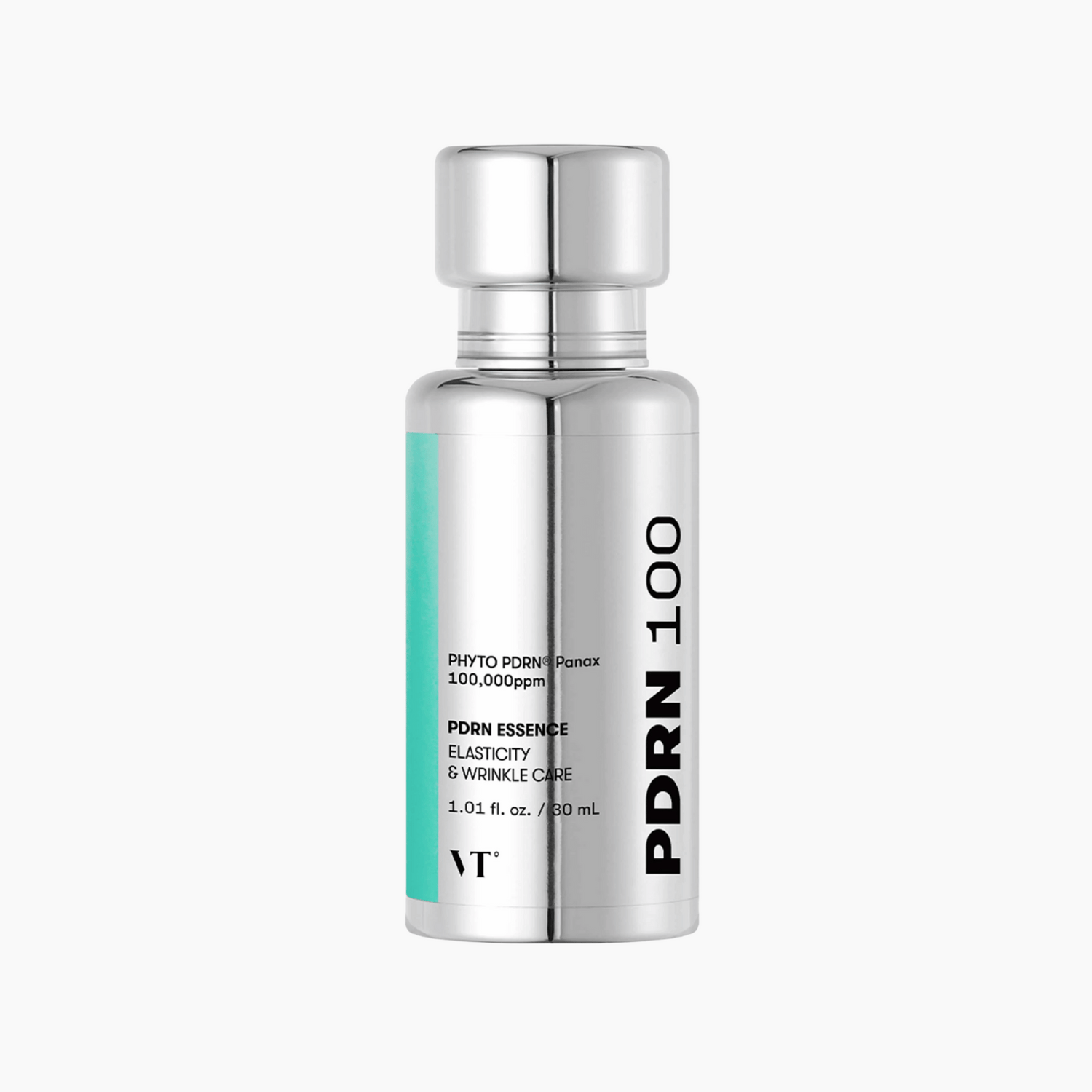 Eine silberne Flasche mit der Aufschrift „VT Cosmetics PHYTO PDRN Essence 100“ (30 ml), entwickelt für Elastizität und Faltenpflege, mit einem blaugrünen Akzent auf der linken Seite.