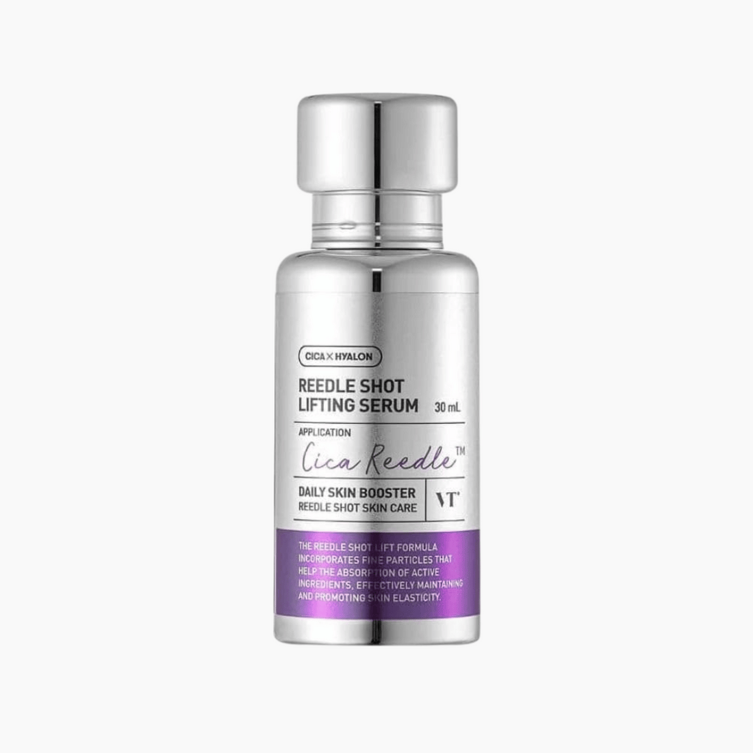 VT Cosmetics Reedle Shot Lifting Serum 30ml in silberner Flasche, freigestellt auf weißem Hintergrund – korean skincare