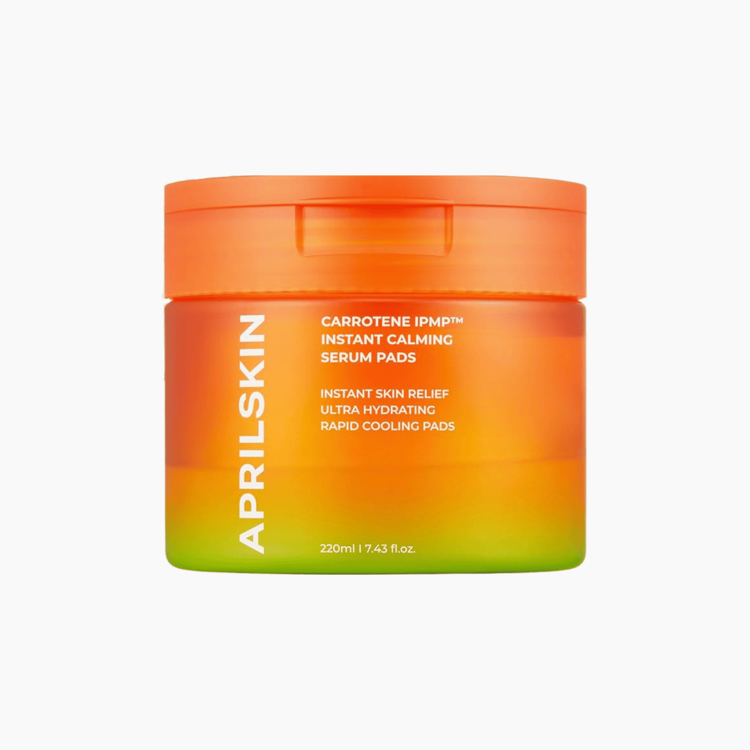 Aprilskin Carrotene Ipmp Instant Calming Serum Pads einem orange-grünen Behälter.