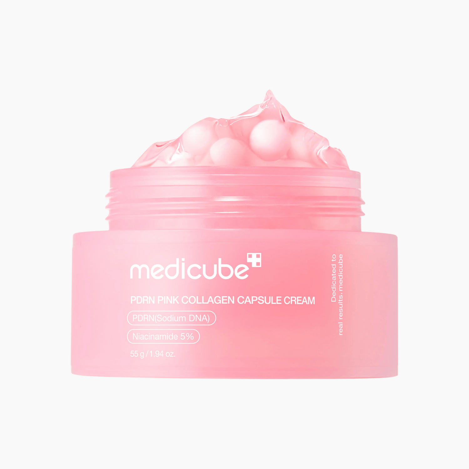Ein 55-g-Tiegel Medicube PDRN Pink Collagen Capsule Cream zeigt rosa Kapseln in Gelform und verfügt über eine detaillierte Produktkennzeichnung.