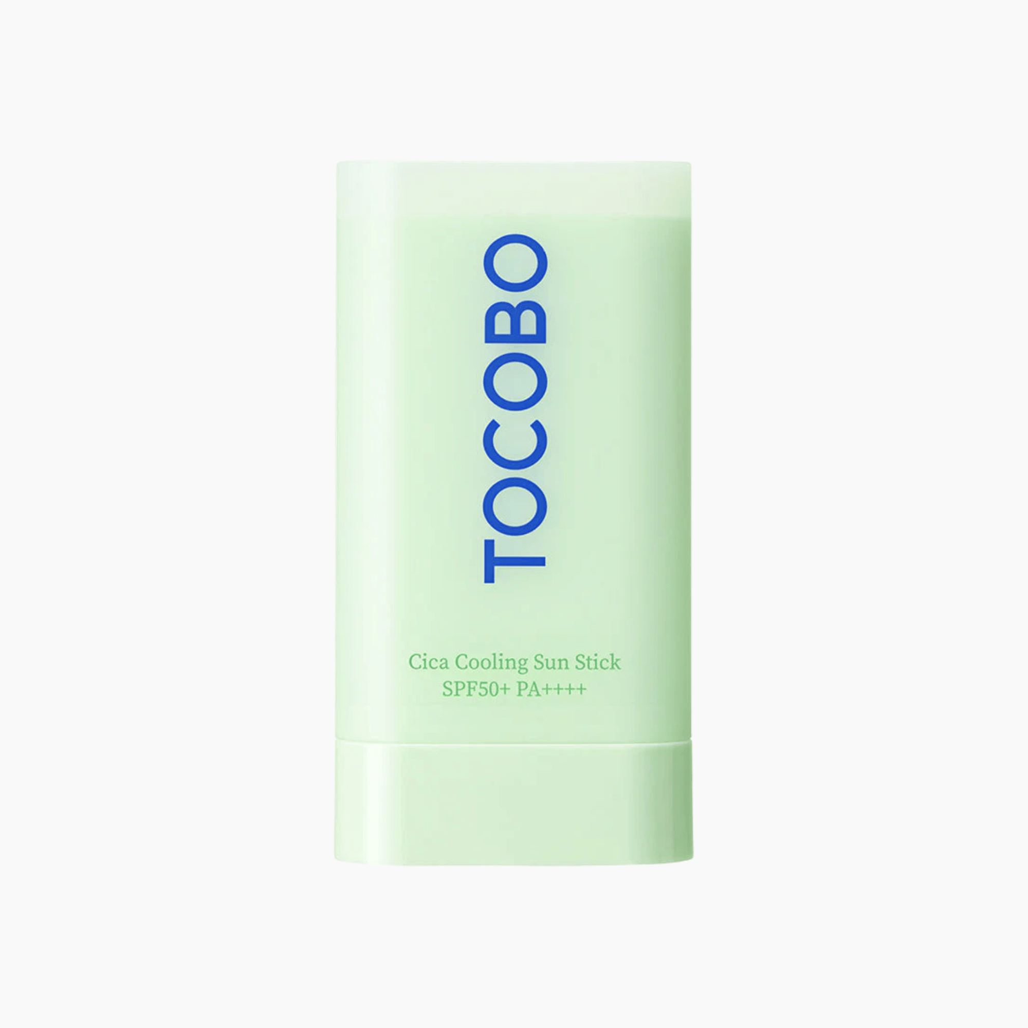 Ein mintgrüner TOCOBO Cica Cooling Sun Stick SPF50+ PA++++ 18 g steht aufrecht vor einem schlichten weißen Hintergrund.