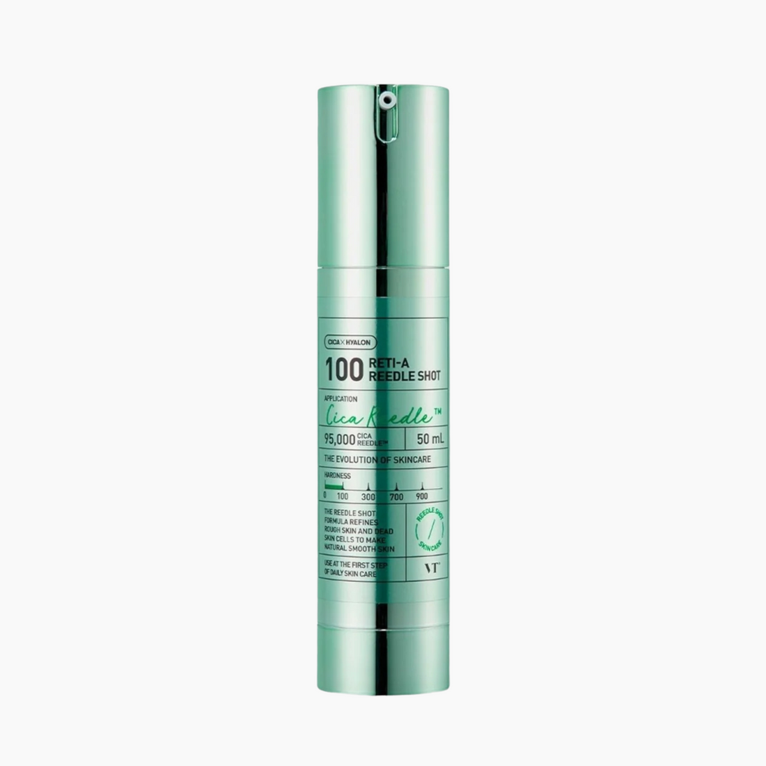 Eine metallisch-grüne zylindrische Flasche mit der Aufschrift "VT Cosmetics Reti-A Reedle Shot 100", 50 ml, mit schwarzem und weißem Text, der die Dosierung und Anwendung beschreibt.