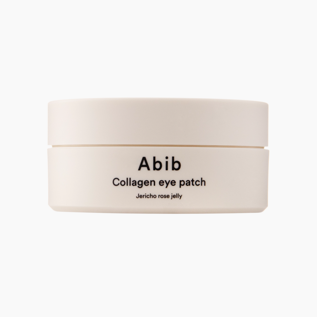 Ein weißer Behälter mit der Aufschrift "Abib Collagen Eye Patch Jericho Rose Jelly 60Stk" steht vor einem schlichten Hintergrund.