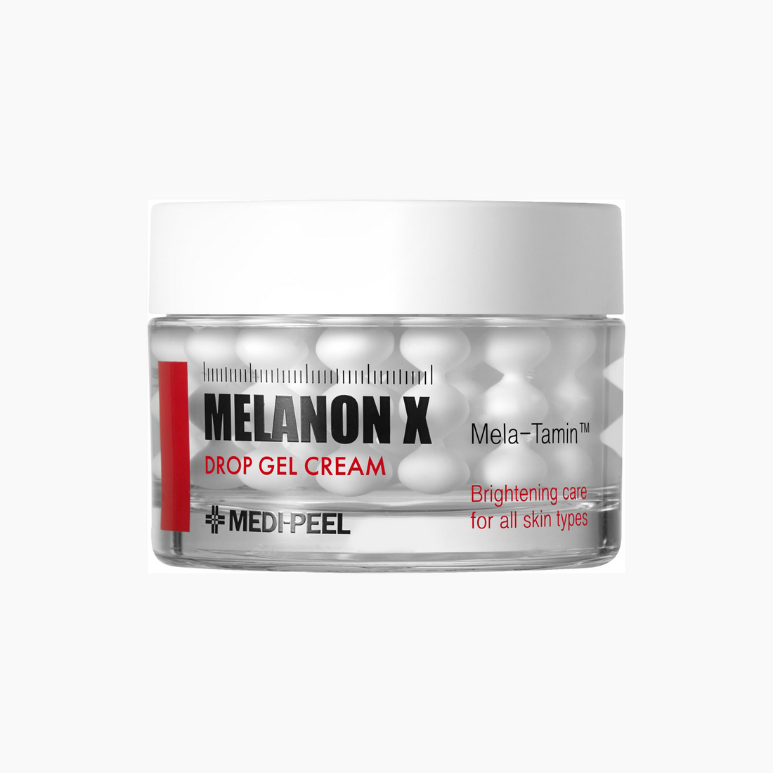 Der durchsichtige Tiegel mit der Aufschrift MEDI-PEEL Melanon X Drop Gel Creme 50g enthält weiße Gelkapseln und ist zur aufhellenden Pflege für alle Hauttypen geeignet.