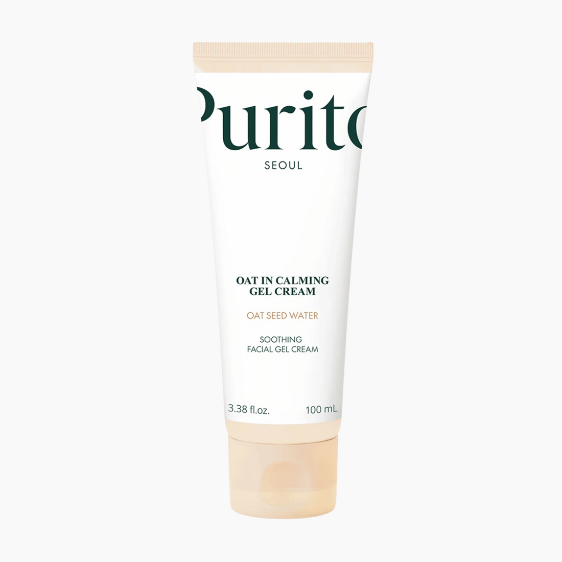 Die Purito Oat-In Calming Gel Cream 100ml mit Hafersamenwasser ist auf einem weißen Hintergrund abgebildet und wird als beruhigende Gelcreme für das Gesicht bezeichnet.