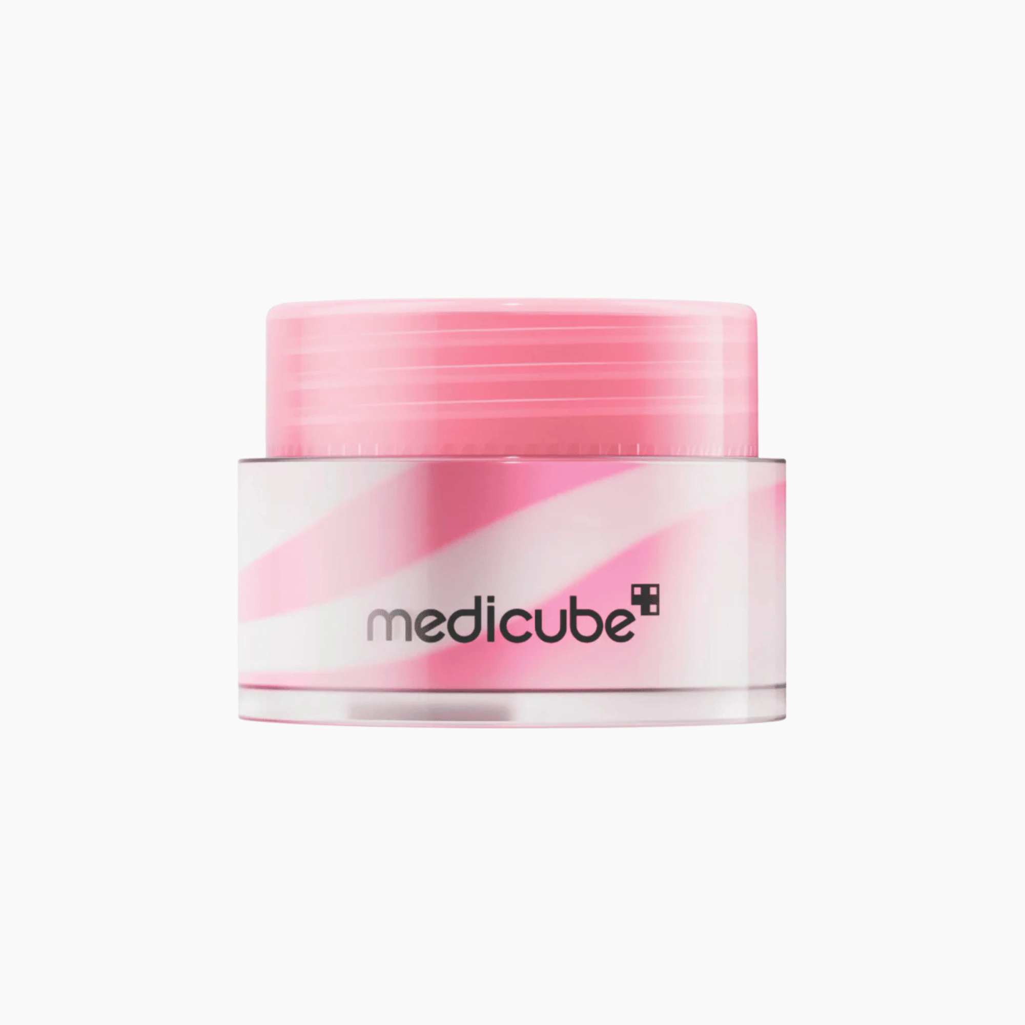 Die Medicube PDRN Lip Sleeping Mask zeigt ein rosa-weißes Wirbelmuster in einem Cremetiegel mit transparentem Deckel vor einem schlichten weißen Hintergrund.