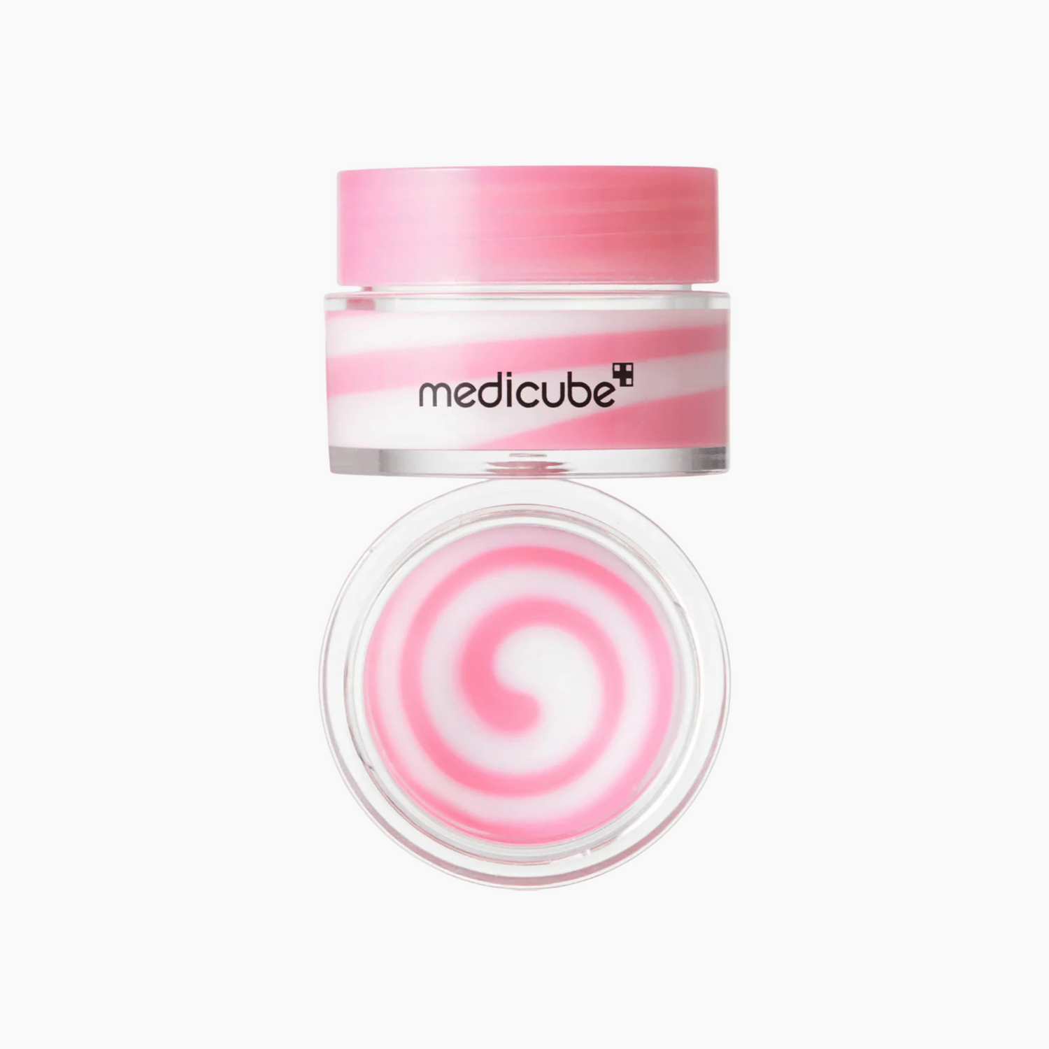 Ein durchsichtiger Tiegel mit der Medicube PDRN Lip Sleeping Mask mit rosa-weißem Wirbelmuster. Die Abbildung zeigt den geschlossenen Tiegel mit abgenommenem Deckel, der die gewirbelte Formel im Inneren enthüllt.
