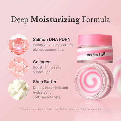 Die Medicube PDRN Lip Sleeping Mask in einem rosa-weißen Tiegel enthält feuchtigkeitsspendende und straffende Inhaltsstoffe wie Lachs-DNA PDRN, Kollagen und Sheabutter.