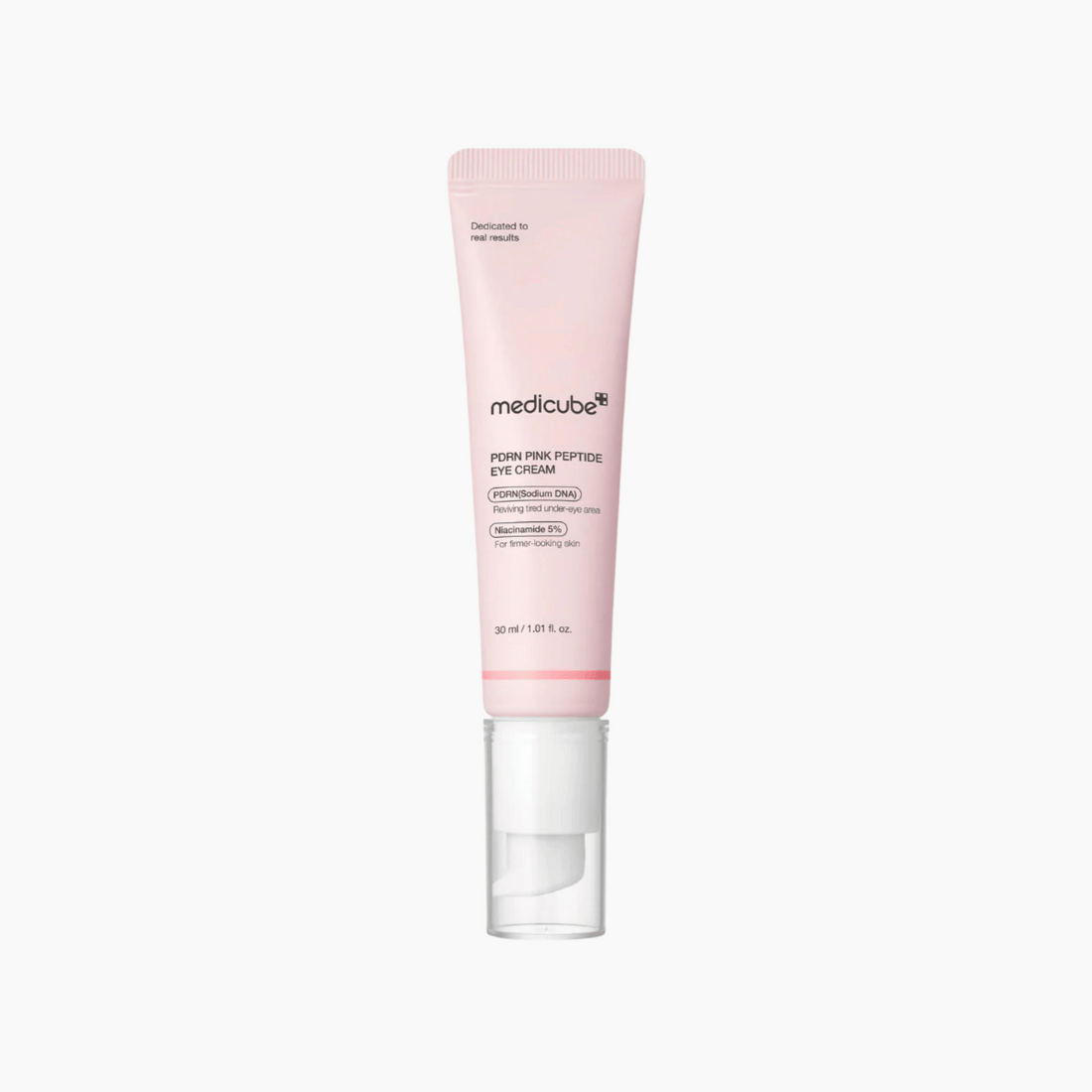 Eine rosafarbene Tube Medicube PDRN Pink Peptide Eye Cream 30ml mit weißer Kappe ist vor einem weißen Hintergrund abgebildet.
