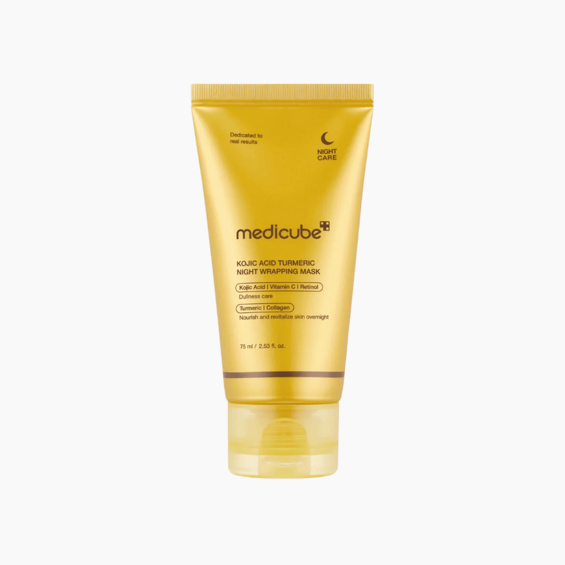 Eine gelbe Tube der Medicube Kojic Acid Turmeric Night Wrapping Mask 75ml, mit Produktangaben und Branding auf der Vorderseite.